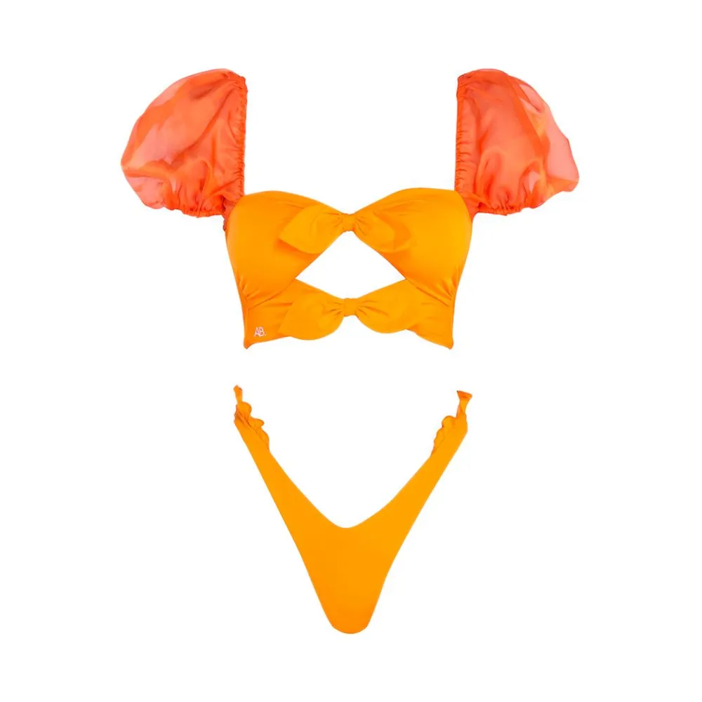 ANGELYS BALEK ORANGE PUFF SHOULDER CUTOUT BANDEAU & BRAZILIANN RUFFLE BRIEF WOMEN SWIMSUIT