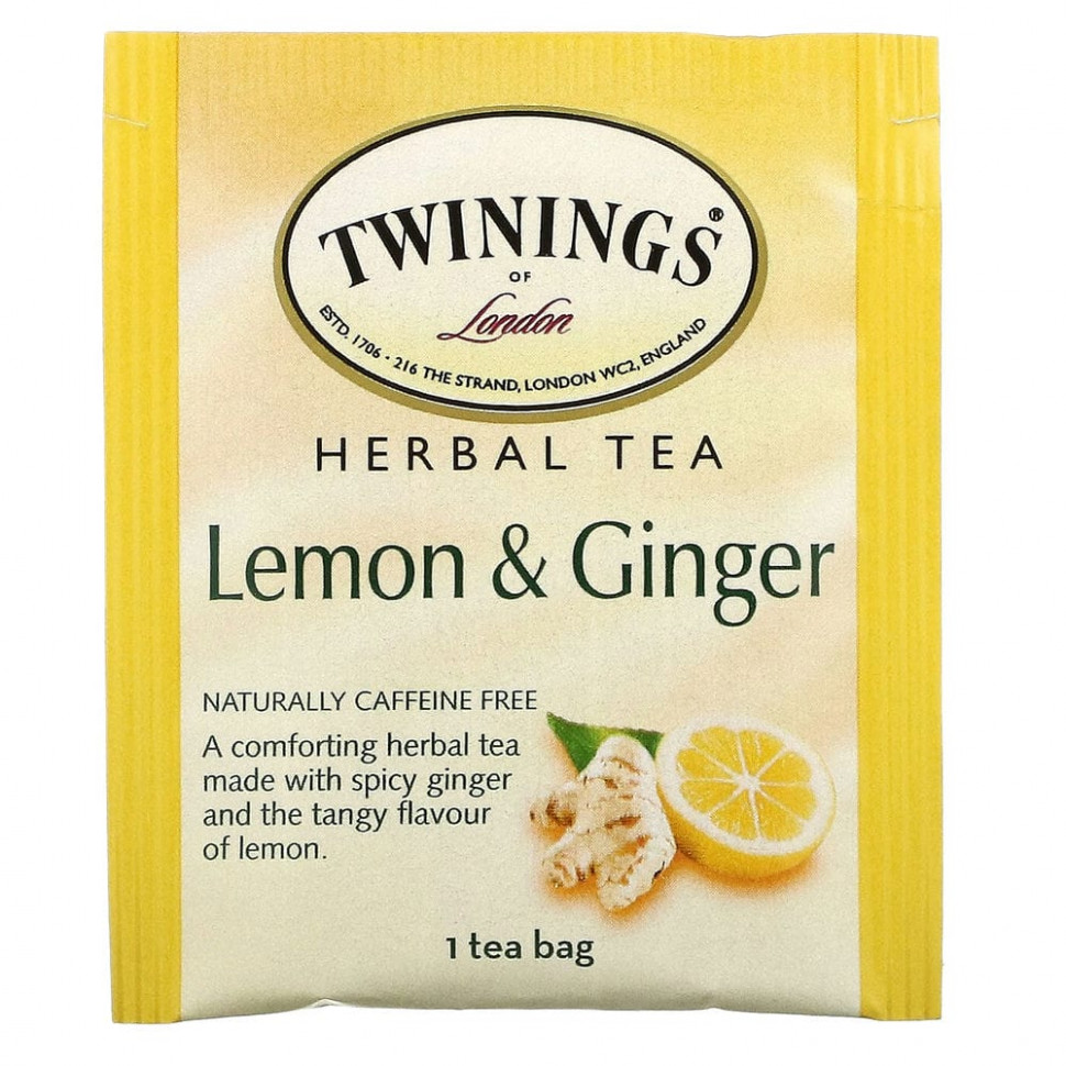 Twinings, травяной чай, лимон и имбирь, без кофеина, 50 чайных пакетиков, 75 г (2,65 унции)