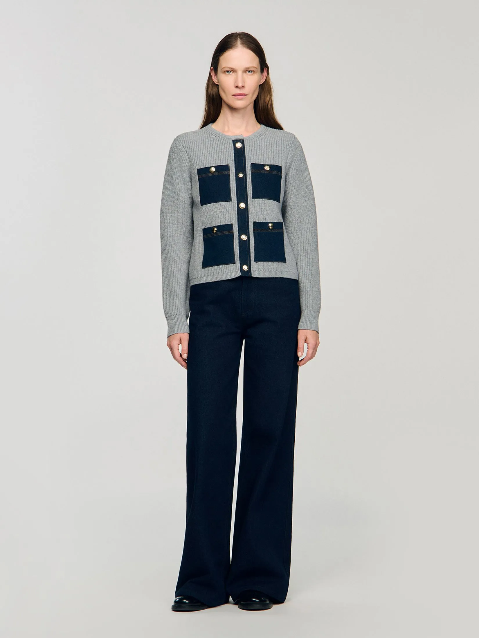 SANDRO Cardigan with Denim Details