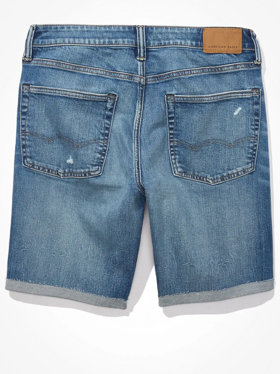 AMERICAN EAGLE MEDIUM DESTROY W/ INDIGO PRINTED BACKING DENIM CUTOFF SHORT - CUT & CUFF 826 MEDIUM DESTROY