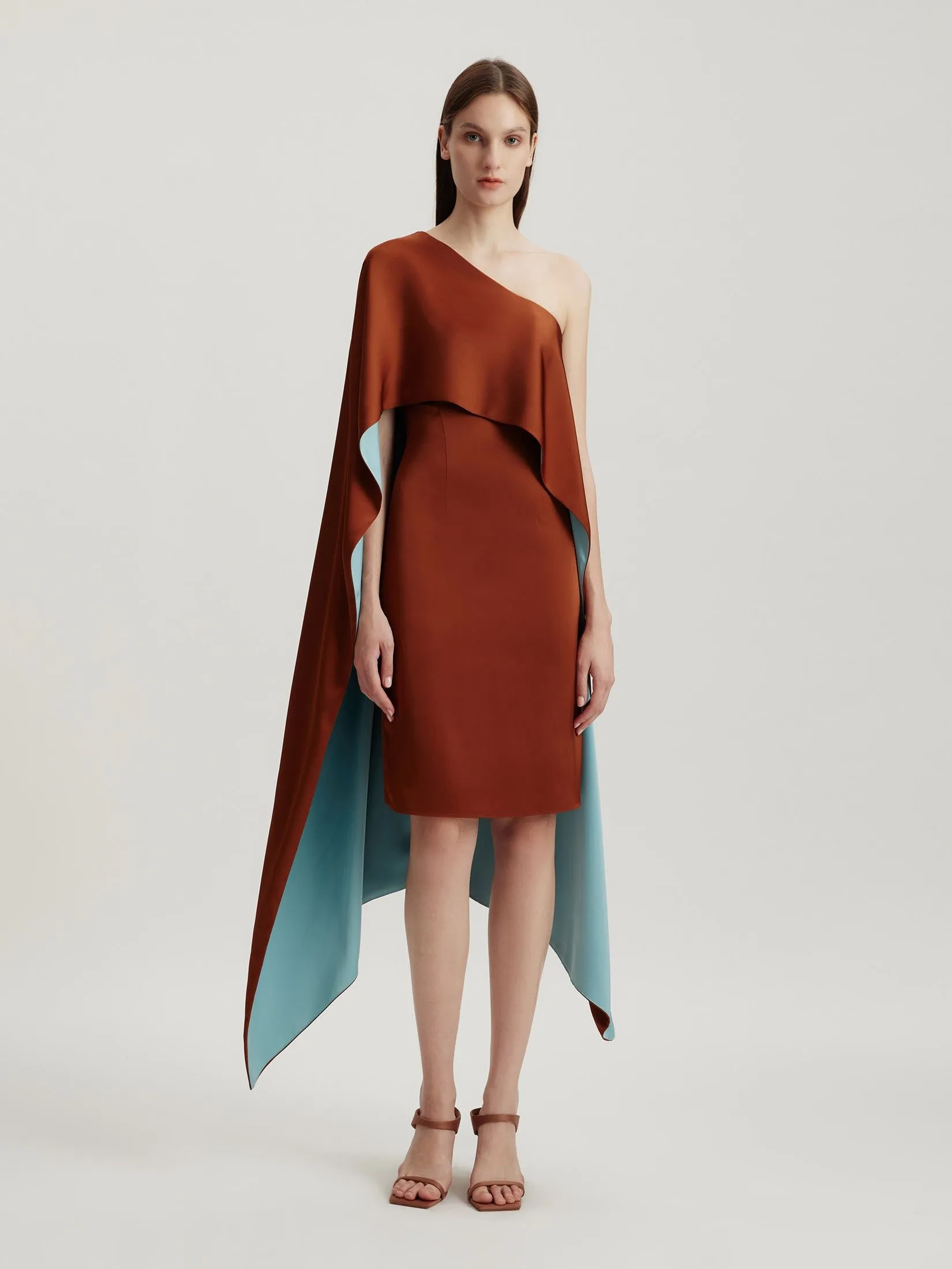 ASAVA ( AW24 ) Isha One-Shoulder Cape Women Dress Brown