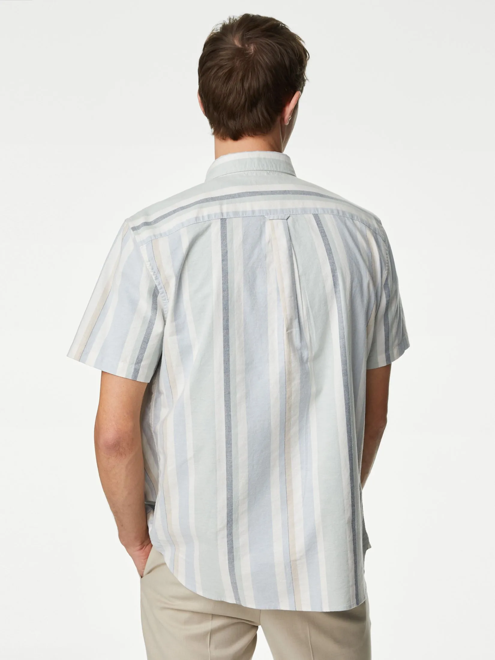 MARKS & SPENCER Men Shirt Short Sleeves Pure Cotton Striped Oxford Print E7_Light Blue Mix