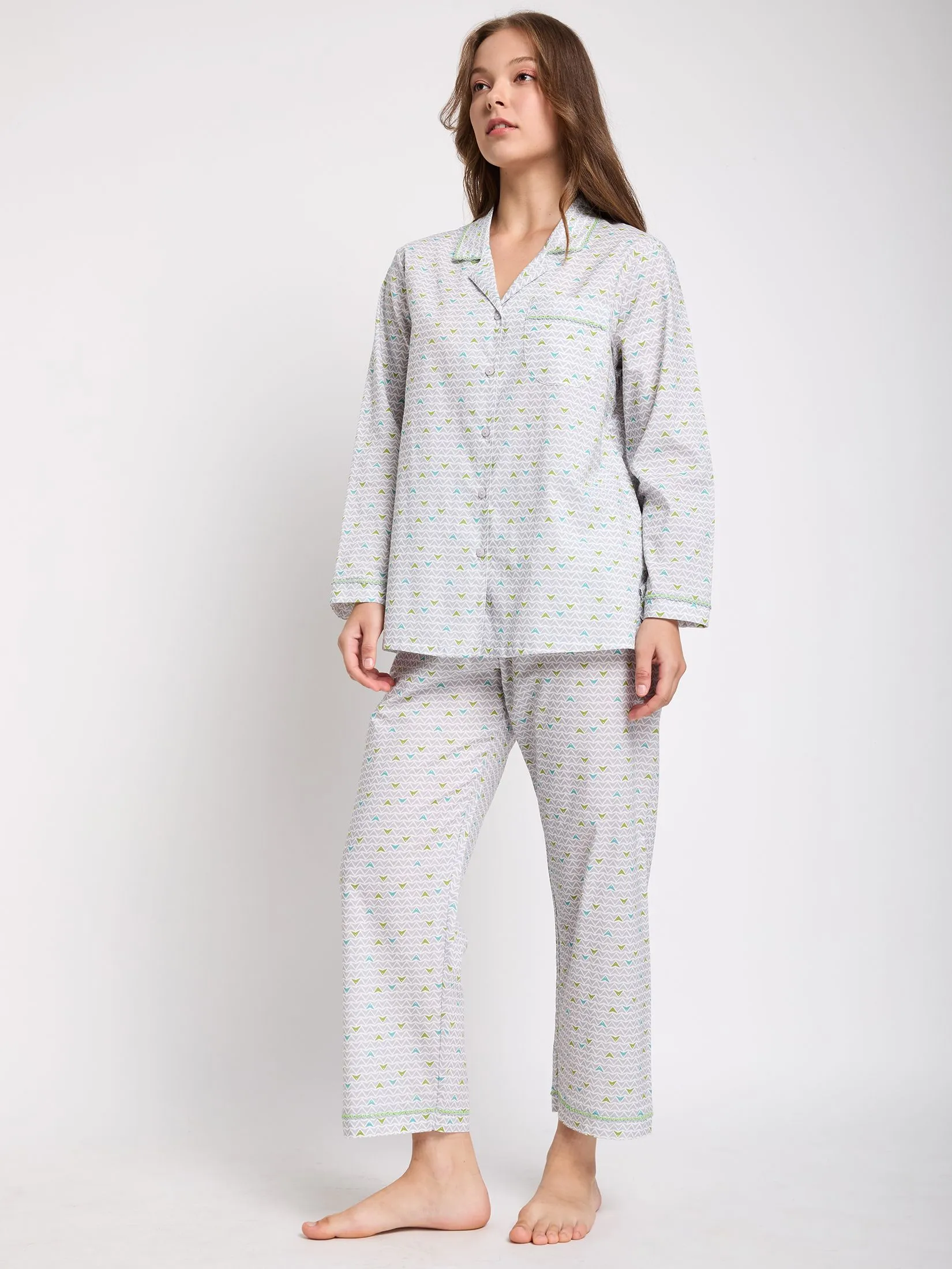 CLAUDIA'S ROMANCE Women Pyjamas Hawaii Shirt Long Sleeves + Pants Print Grey