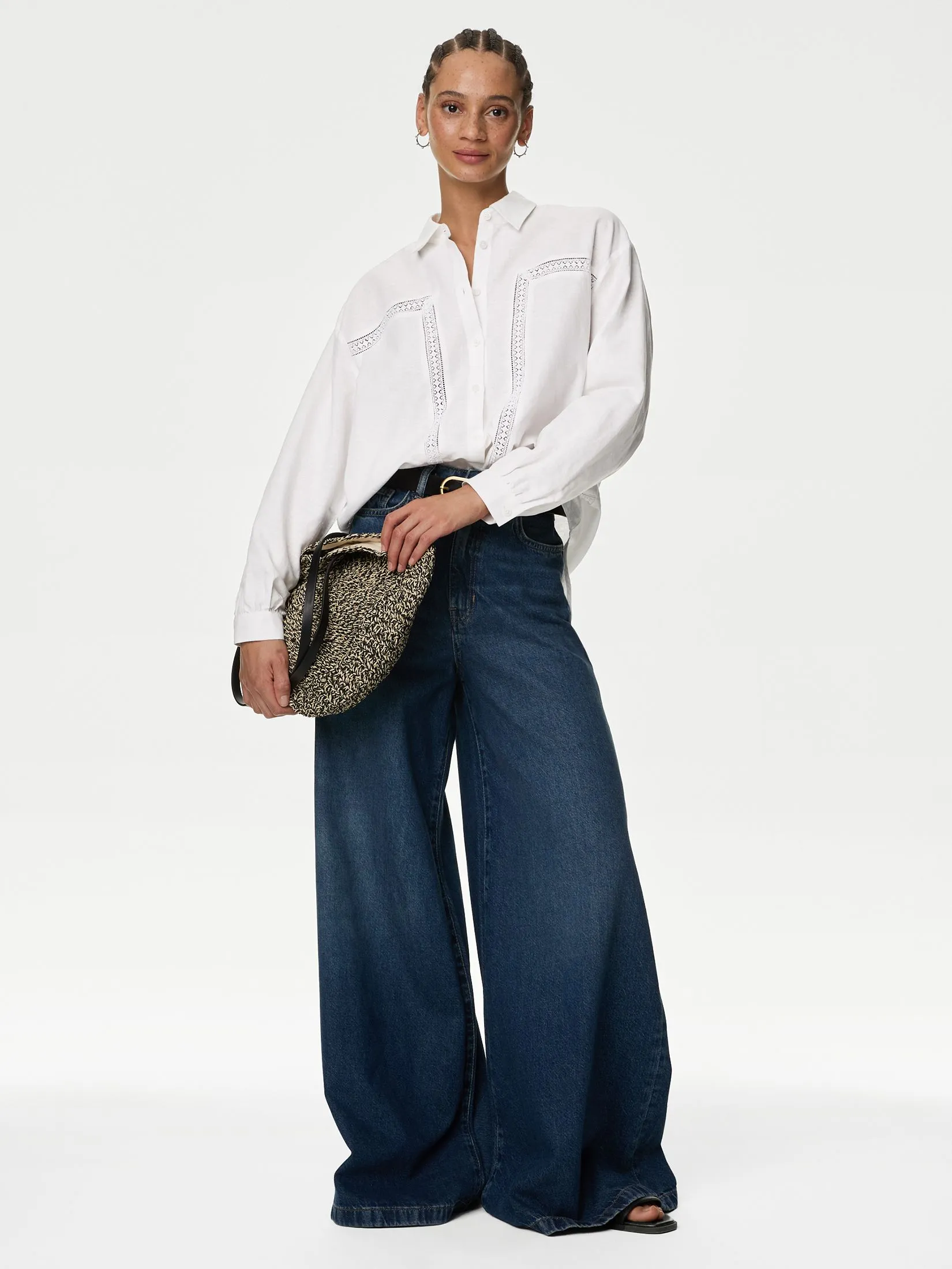 MARKS & SPENCER Women Shirt Linen Rich Collared Lace Insert Soft White