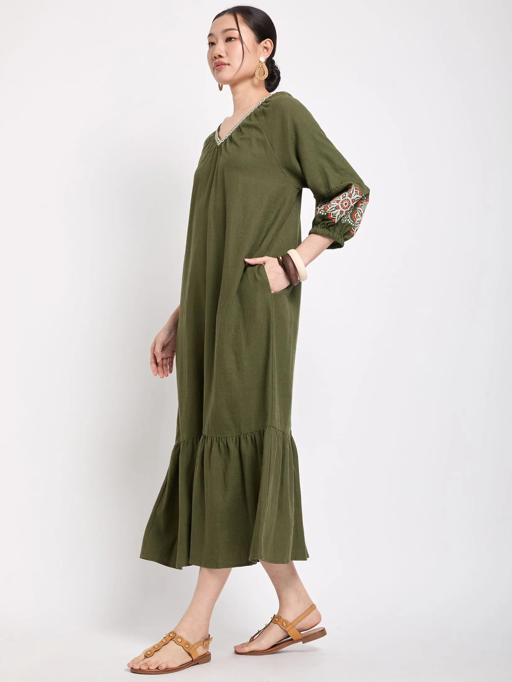 JOURNAL Women Dress Long Sleeves V-Neck Cuff Embroidered Band