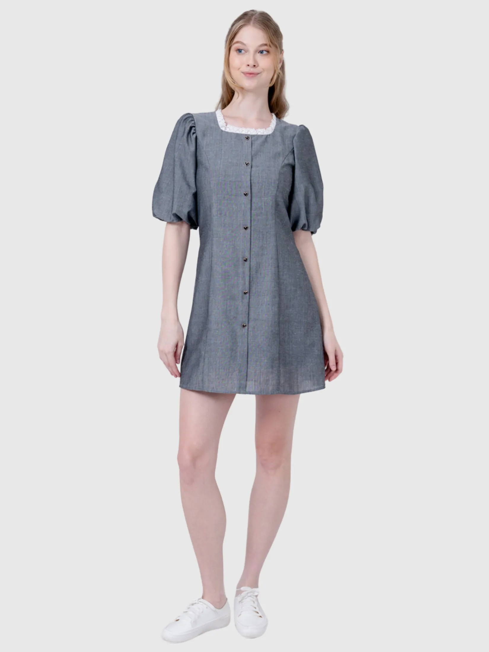AMILA Women Dress Short Sleeves Cotton Linen Grey