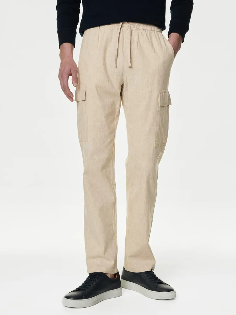 MARKS & SPENCER Men Cargo Trousers Linen Rich Elasticated Waist Stone