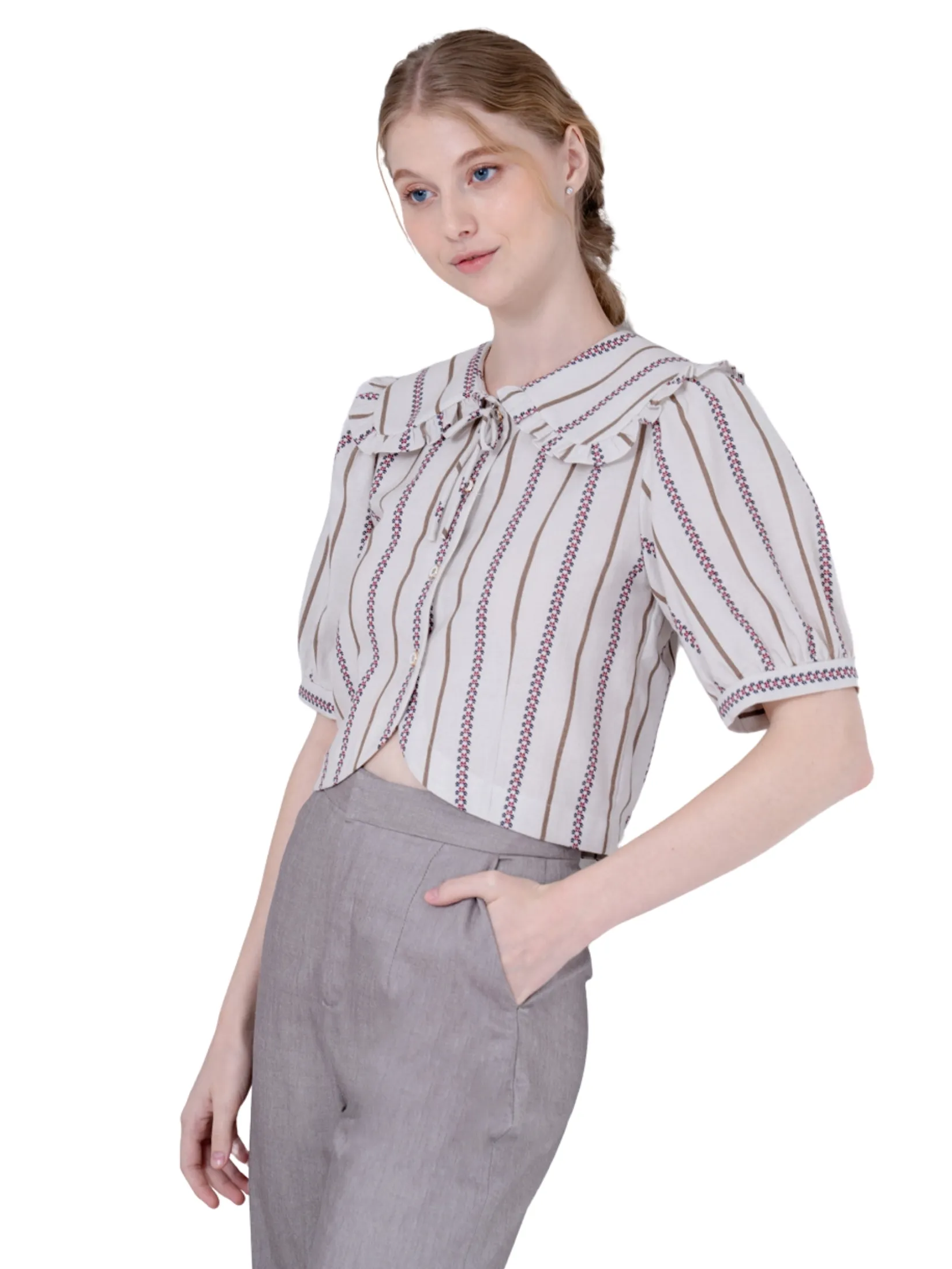 AMILA Women Blouse Short Sleeves Cotton Linen Khaki