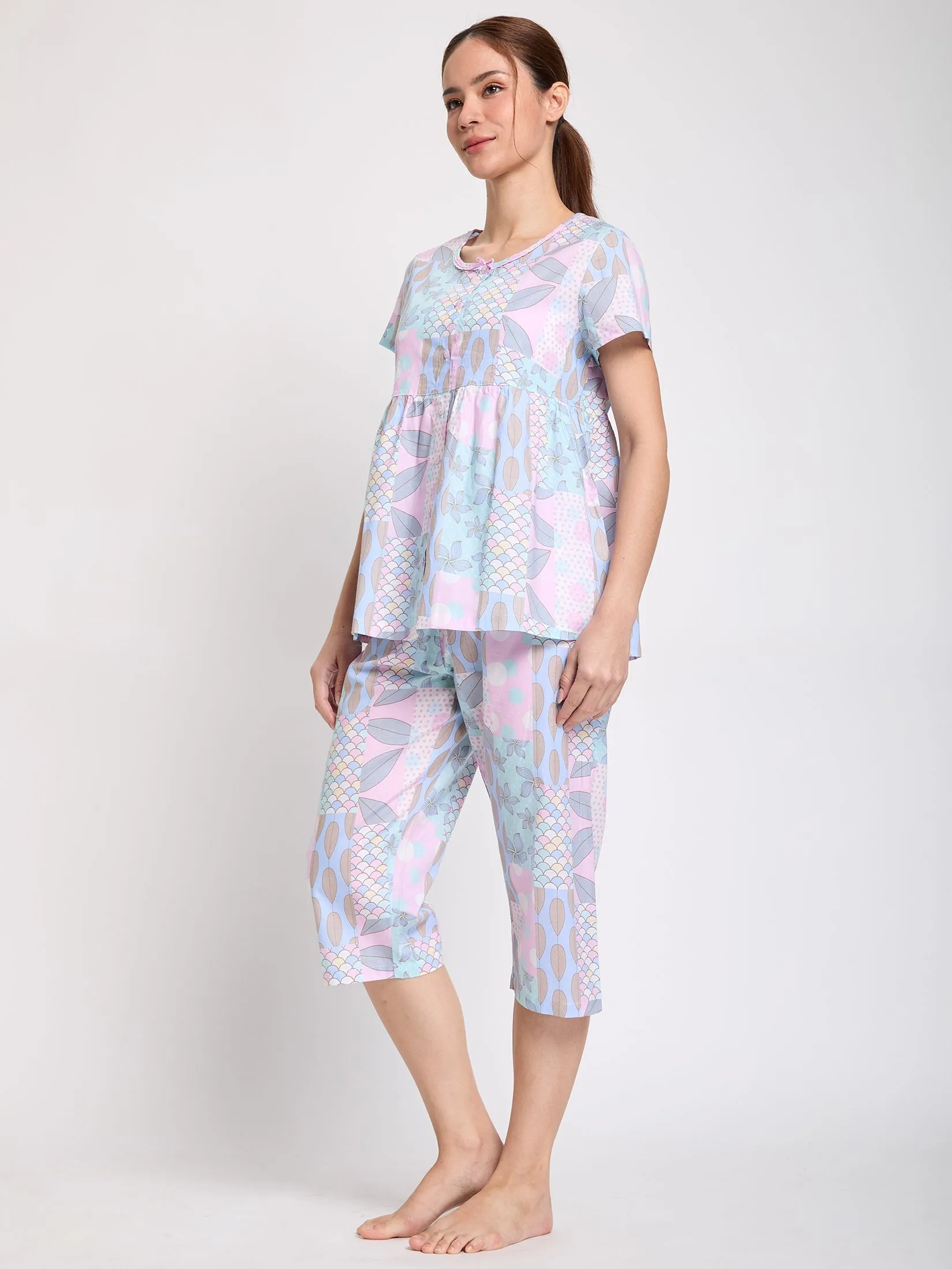 CLAUDIA'S ROMANCE Women Pajamas Set Blouse Short Sleeves + 4-Part Pants Pink