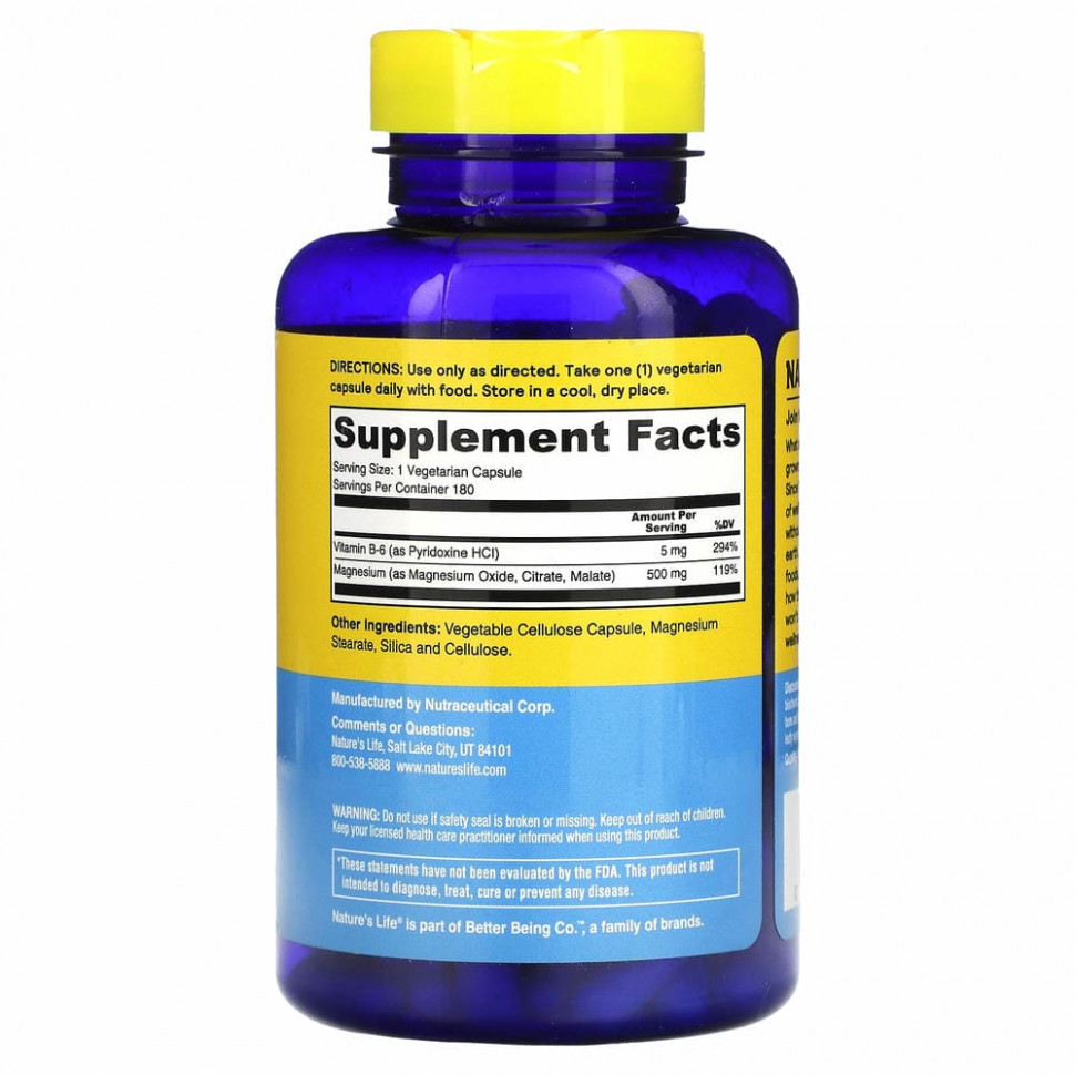 Nature's Life, магний и витамин B6, 500 мг, 180 вегетарианских капсул