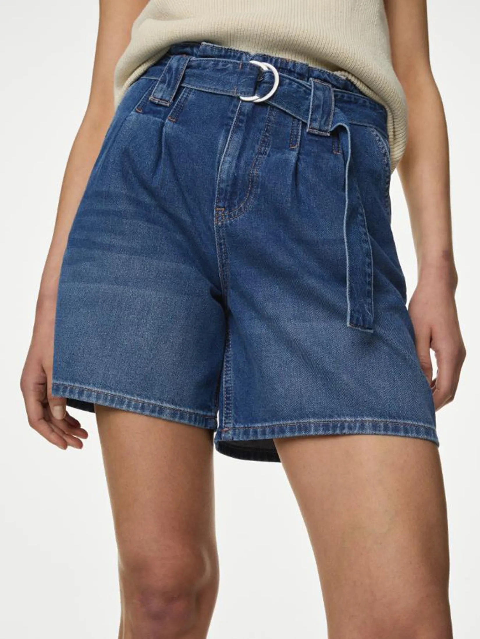 MARKS & SPENCER Women Shorts Denim Pleat Front Belted Medium Indigo