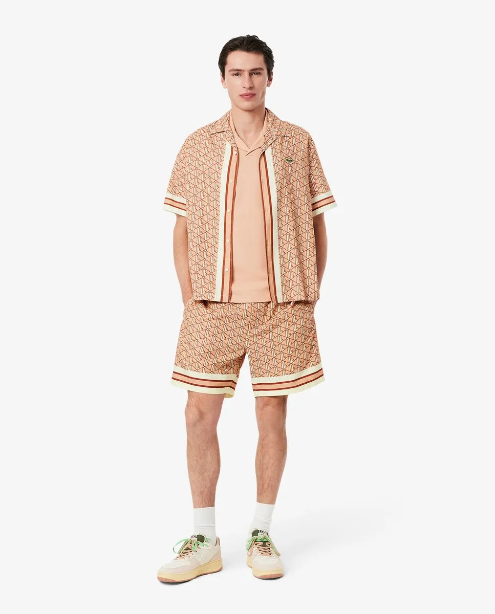 LACOSTE Lightweight Monogram Print Shorts Beige