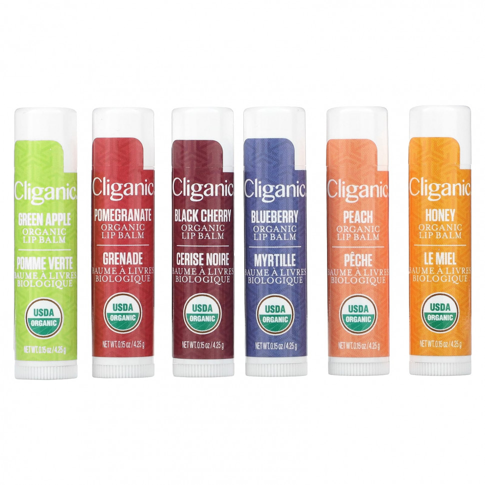 Cliganic, Набор органических бальзамов для губ, 6 упаковок, 4,25 г (0,15 унции)