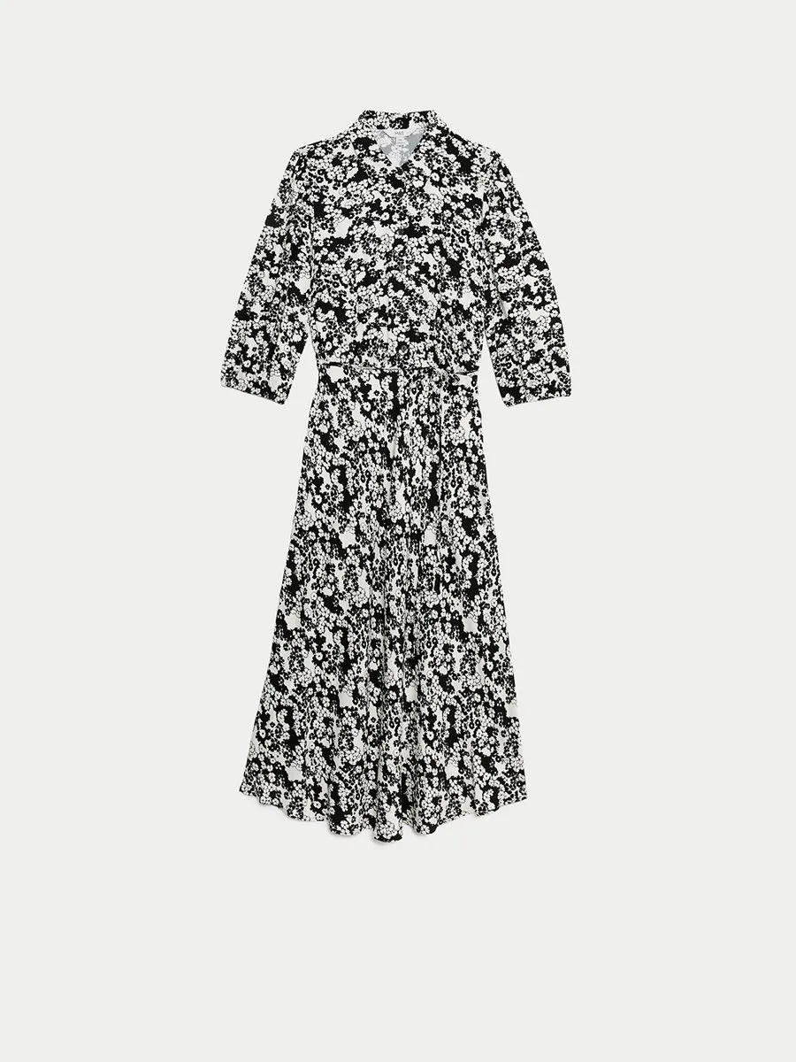 MARKS & SPENCER Women Maxi Dress Belted Floral Printed Black Mix