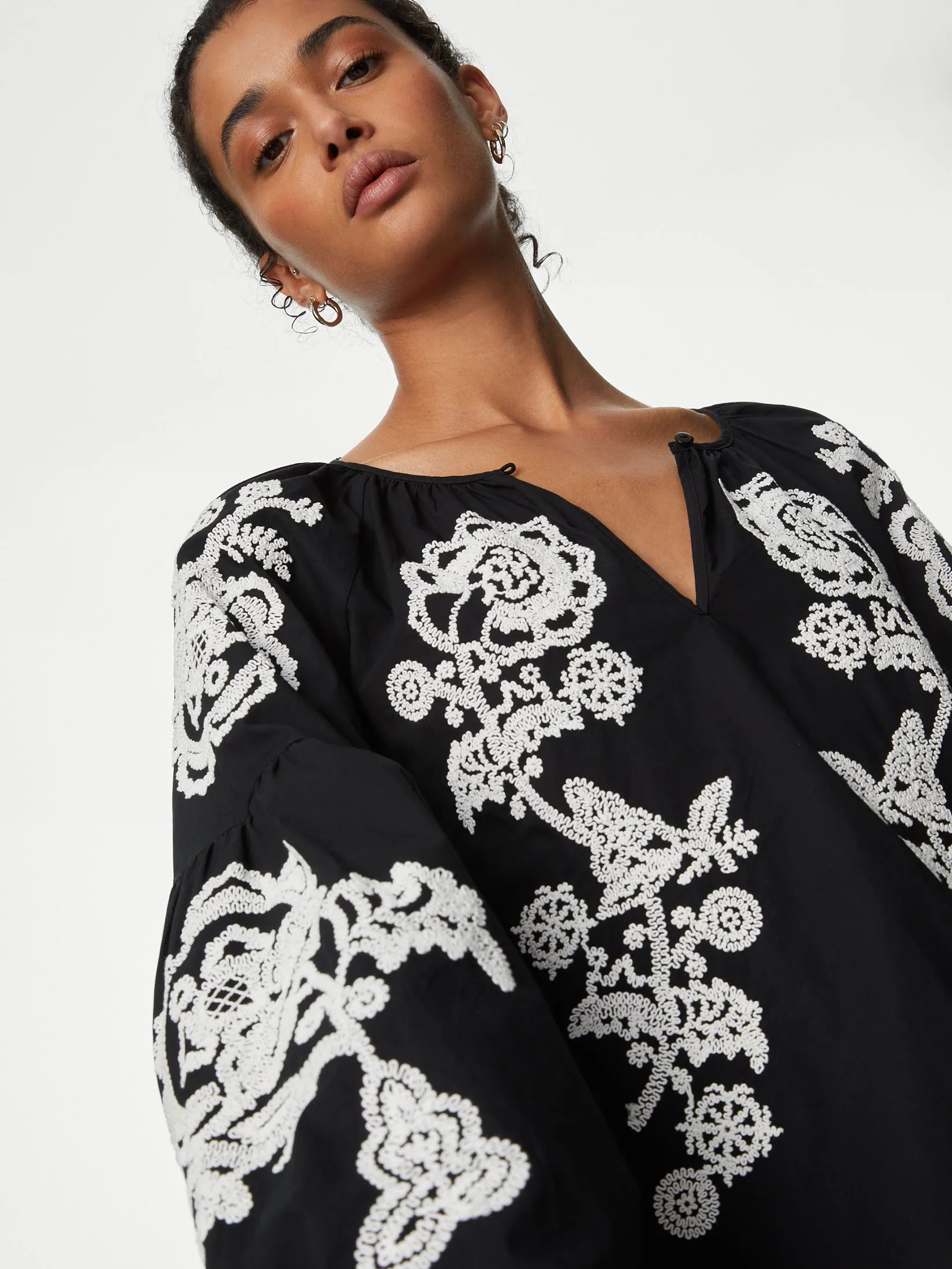 MARKS & SPENCER Women Blouse Pure Cotton Embroidered Puff Sleeve Black