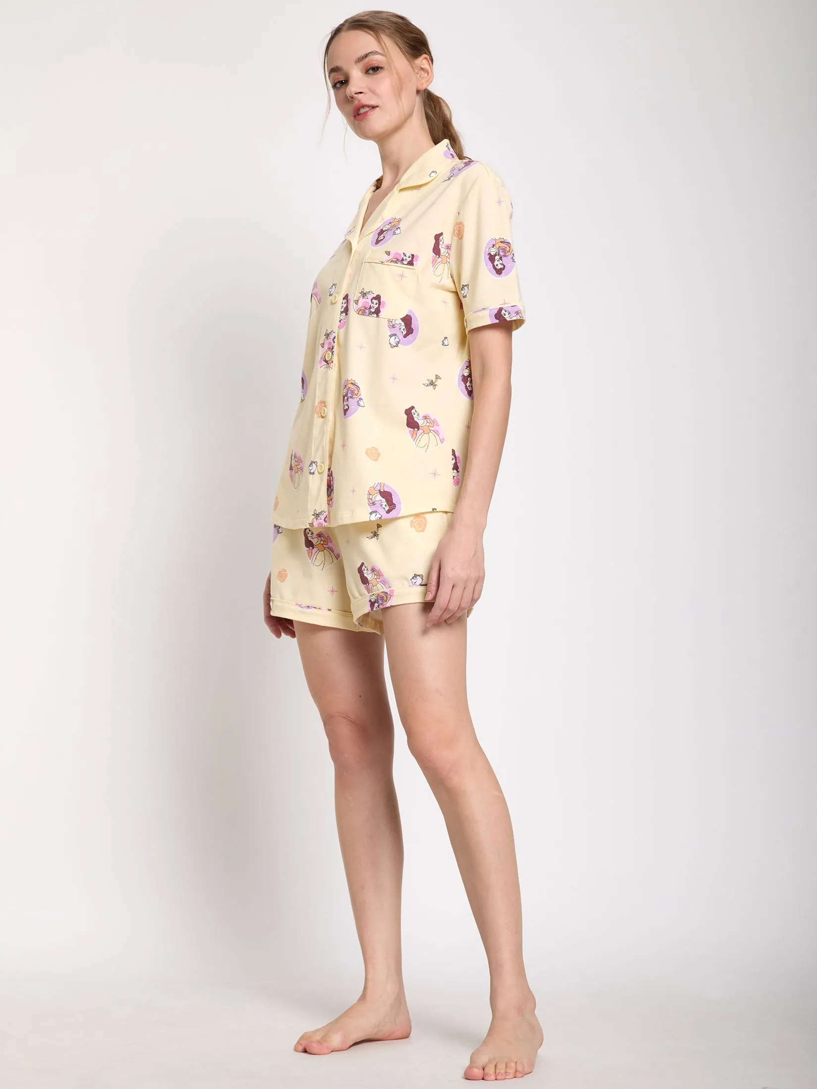 SWEET SENSATIONS Women Pyjamas Shirt Short Sleeves + Shorts Print Yellow