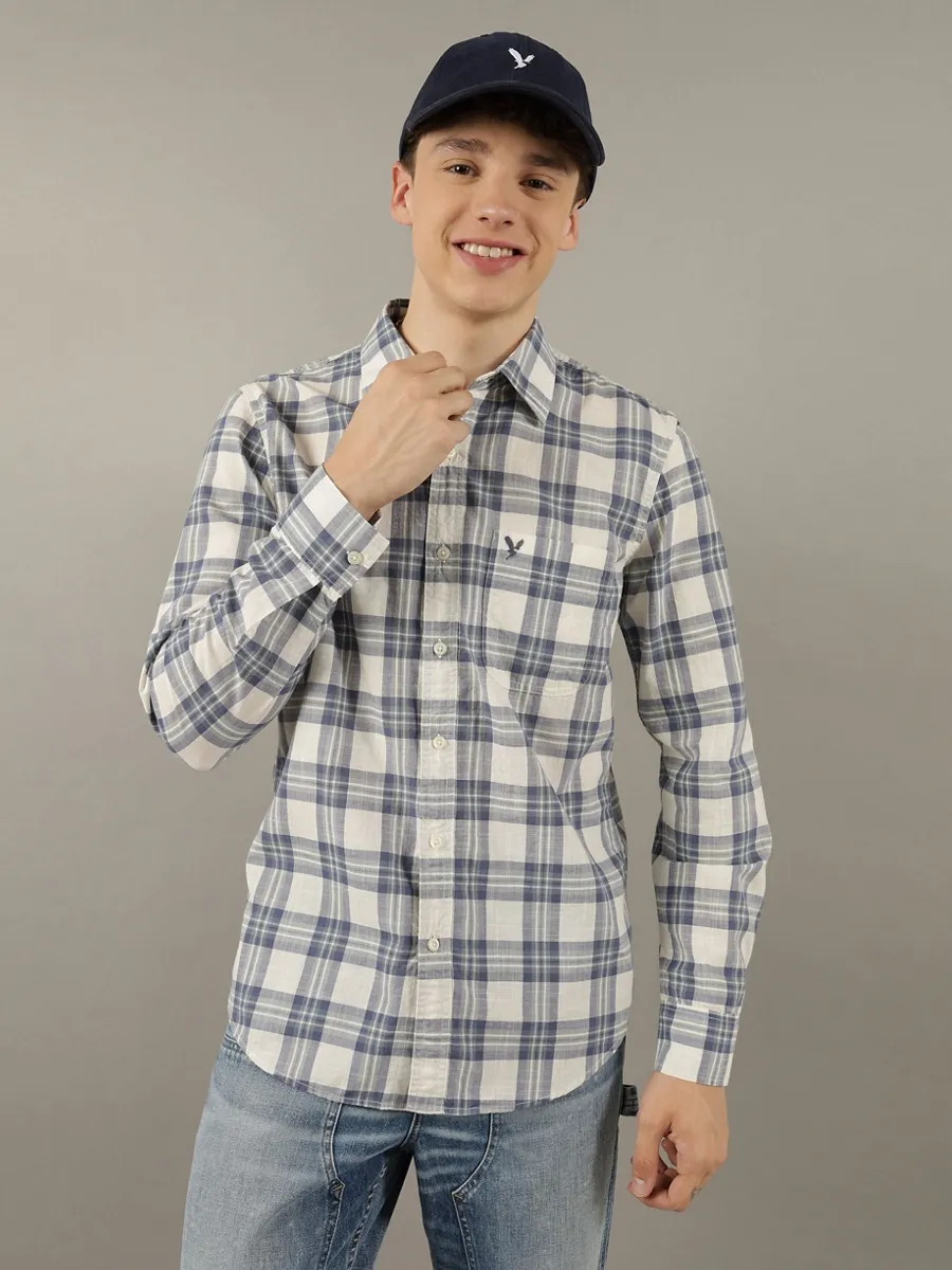 AMERICAN EAGLE MEN  SF CSC ANTHONY PLAID MADRAS SHIRT 106 CREAM
