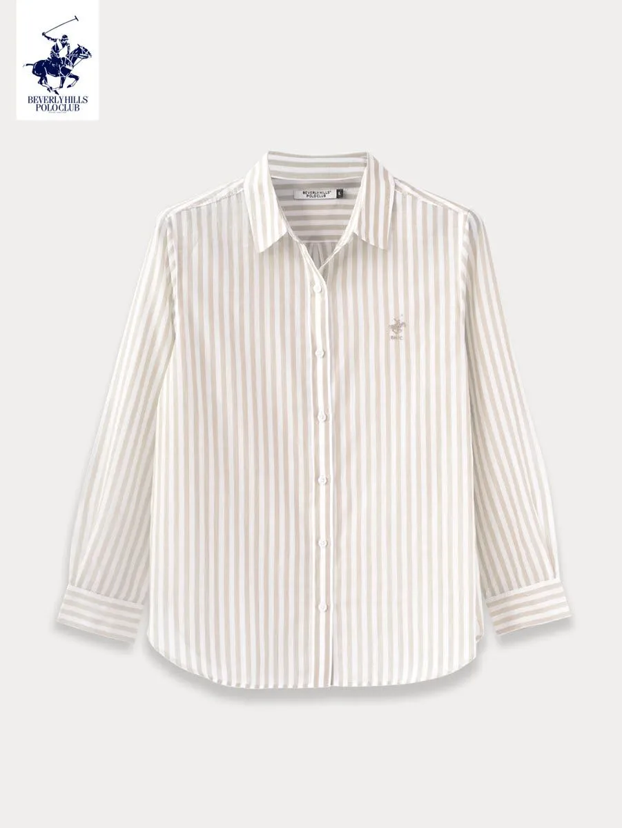 BEVERLY HILLS POLO CLUB Women Cotton Twill Relax Fit Shirt Long Sleeve, Striped