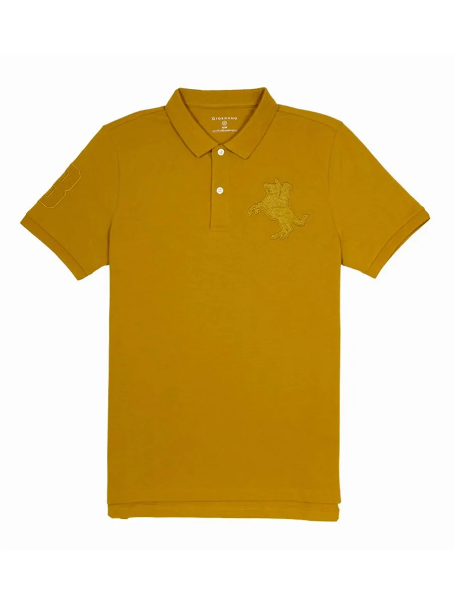 GIORDANO Men's Pique Slim Fit Embroidery Napoleon Polo Buckthorn Brown Yellow