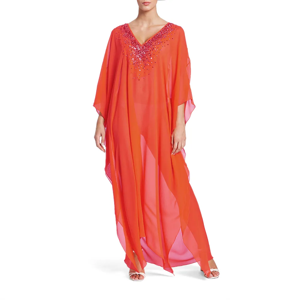 ANGELYS BALEK Orange Deep V - Neck Women Kaftan
