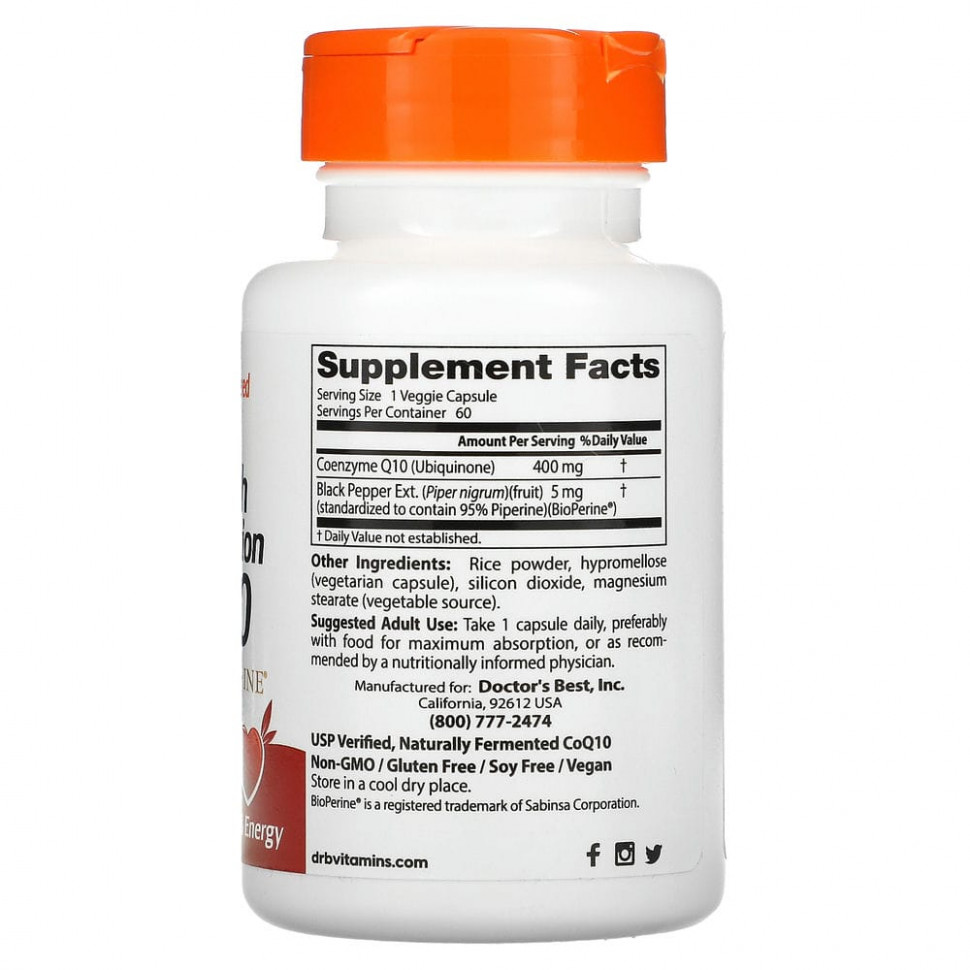 Doctor's Best, коэнзим Q10 с высокой степенью усвоения, с BioPerine, 400 мг, 60 вегетарианских капсул