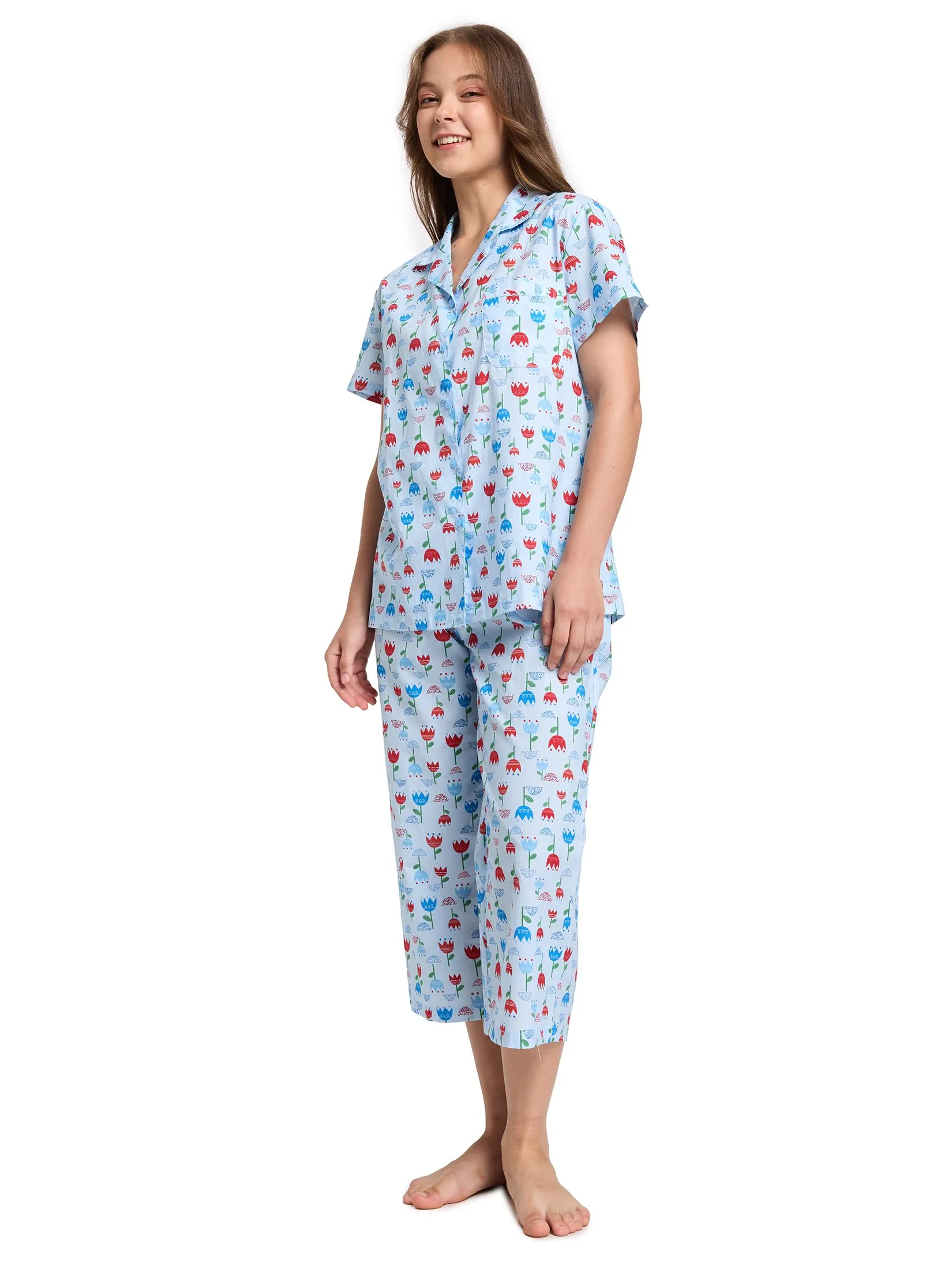 CLAUDIA'S ROMANCE Women Pyjamas Hawaii Shirt Short Sleeves + Cropped Pants Print Light Blue