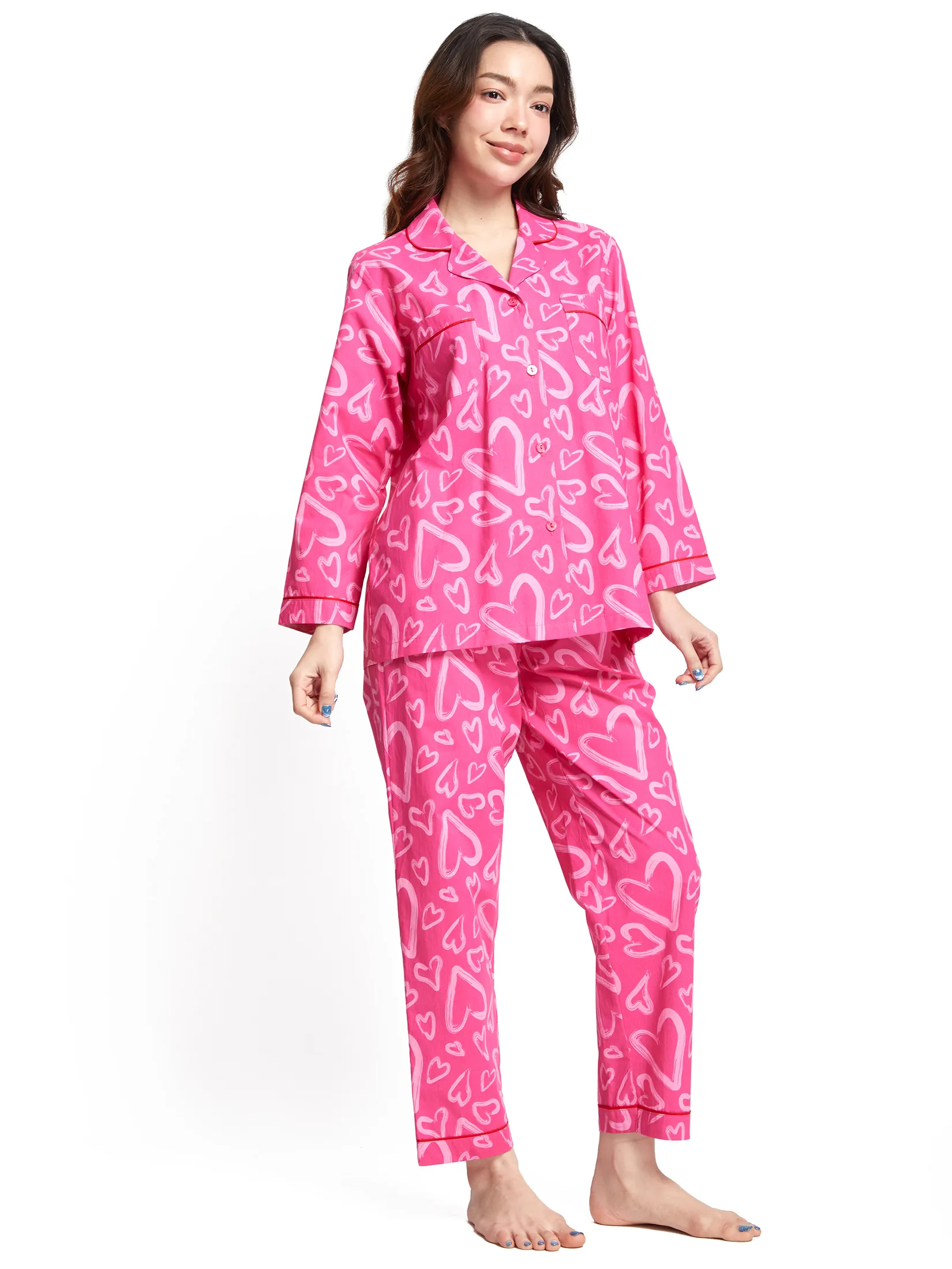 FOF Women Pyjamas Shirt Collar Neck Long Sleeves + Pants Heart Print Pink
