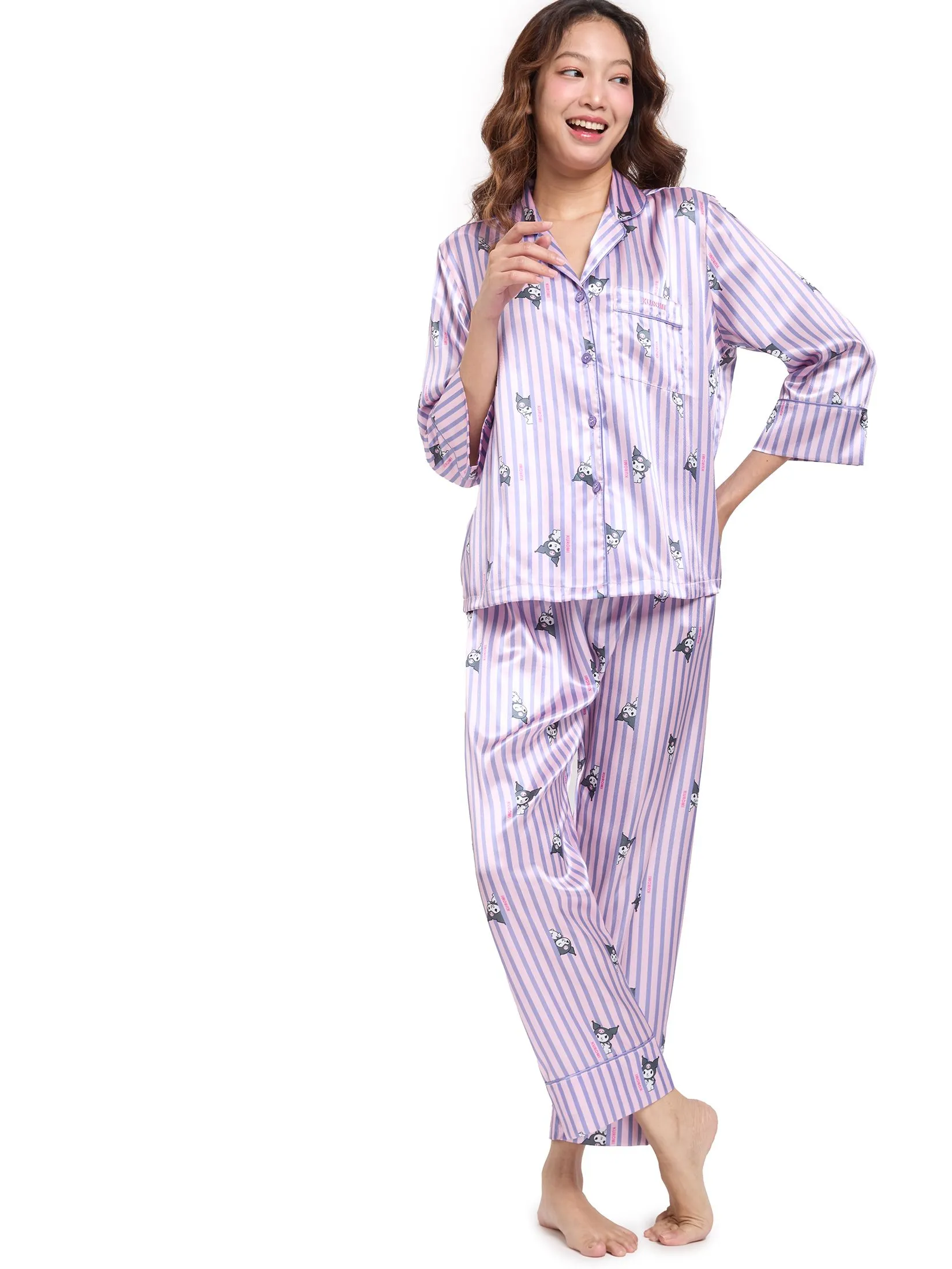 SANRIO Women Pyjamas Shirt Long Sleeves + Pants Satin Kuromi Purple