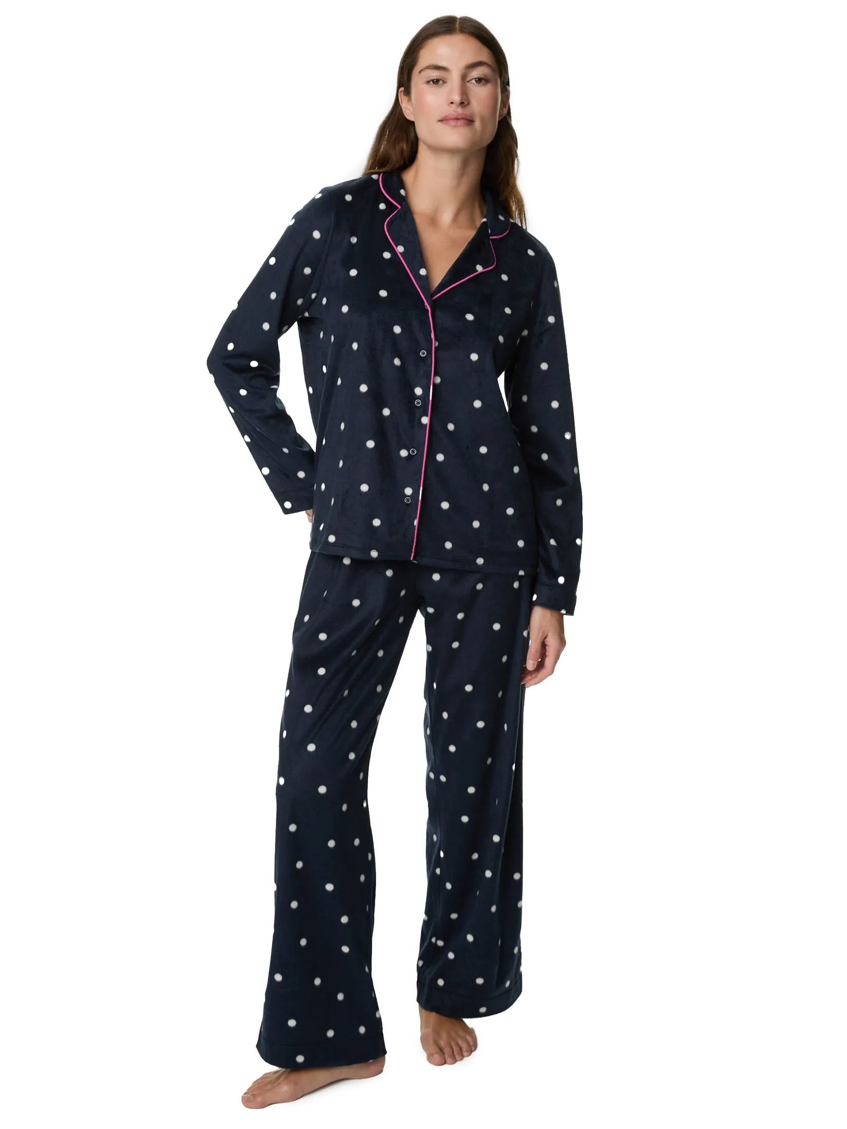 MARKS & SPENCER Women Pyjama Set Fleece Printed Revere