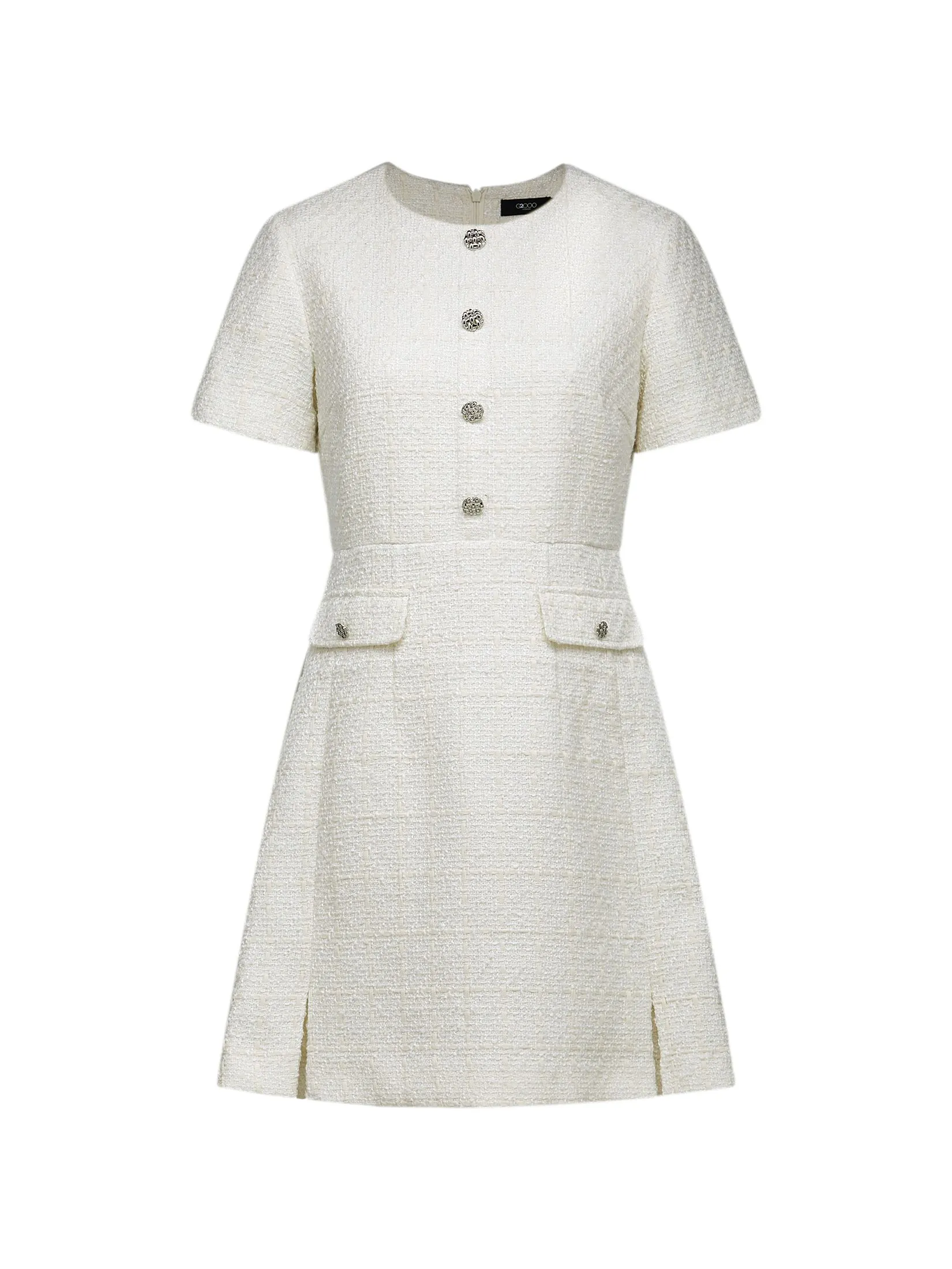 G2000 Women Clothing Tweed Button Front Pleated Dress Fit & Flare Shape - Off-White