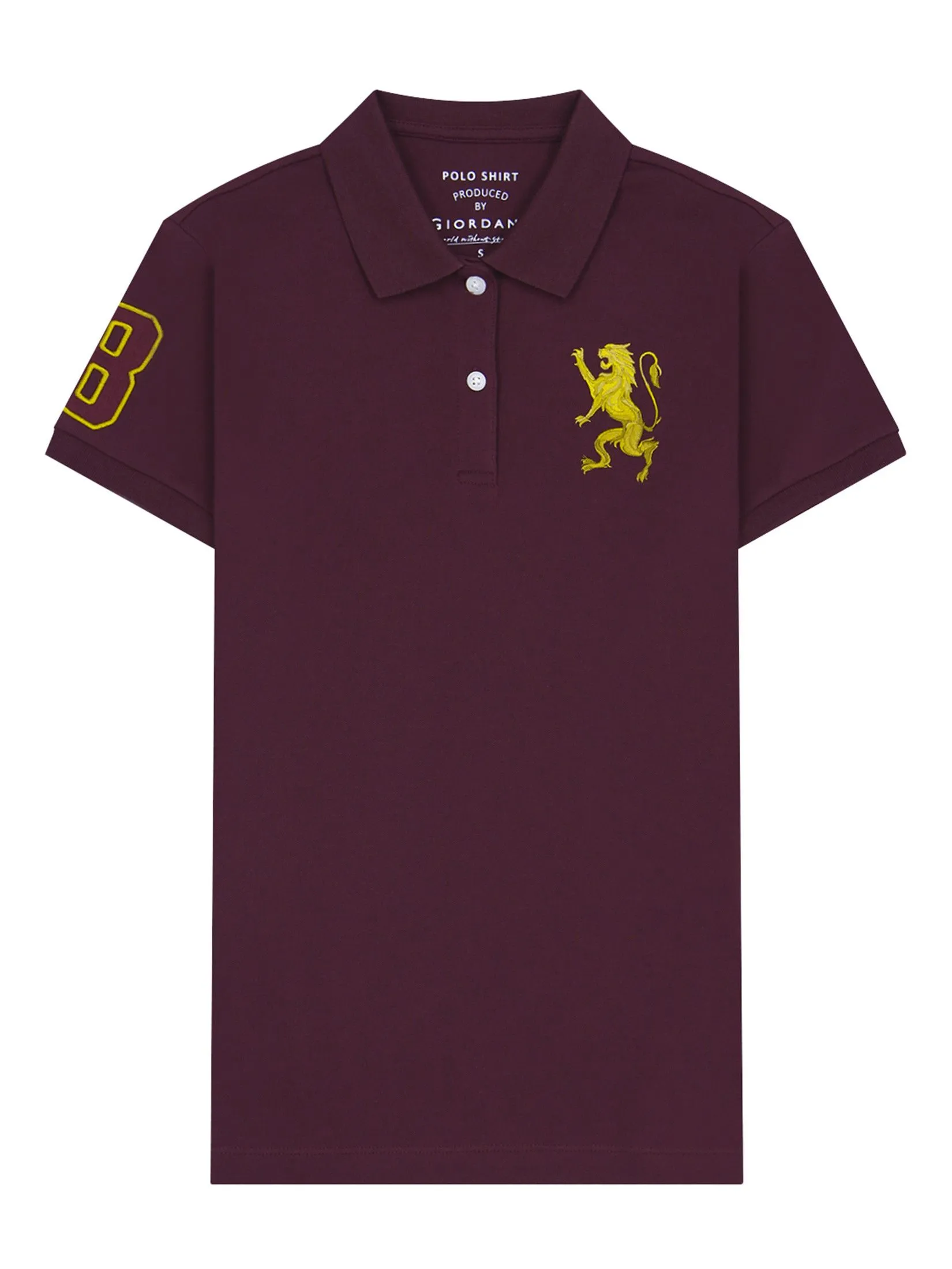GIORDANO Women's Slim Pique Embroidery Bold Polo (3D Lion)  Burgundy Red