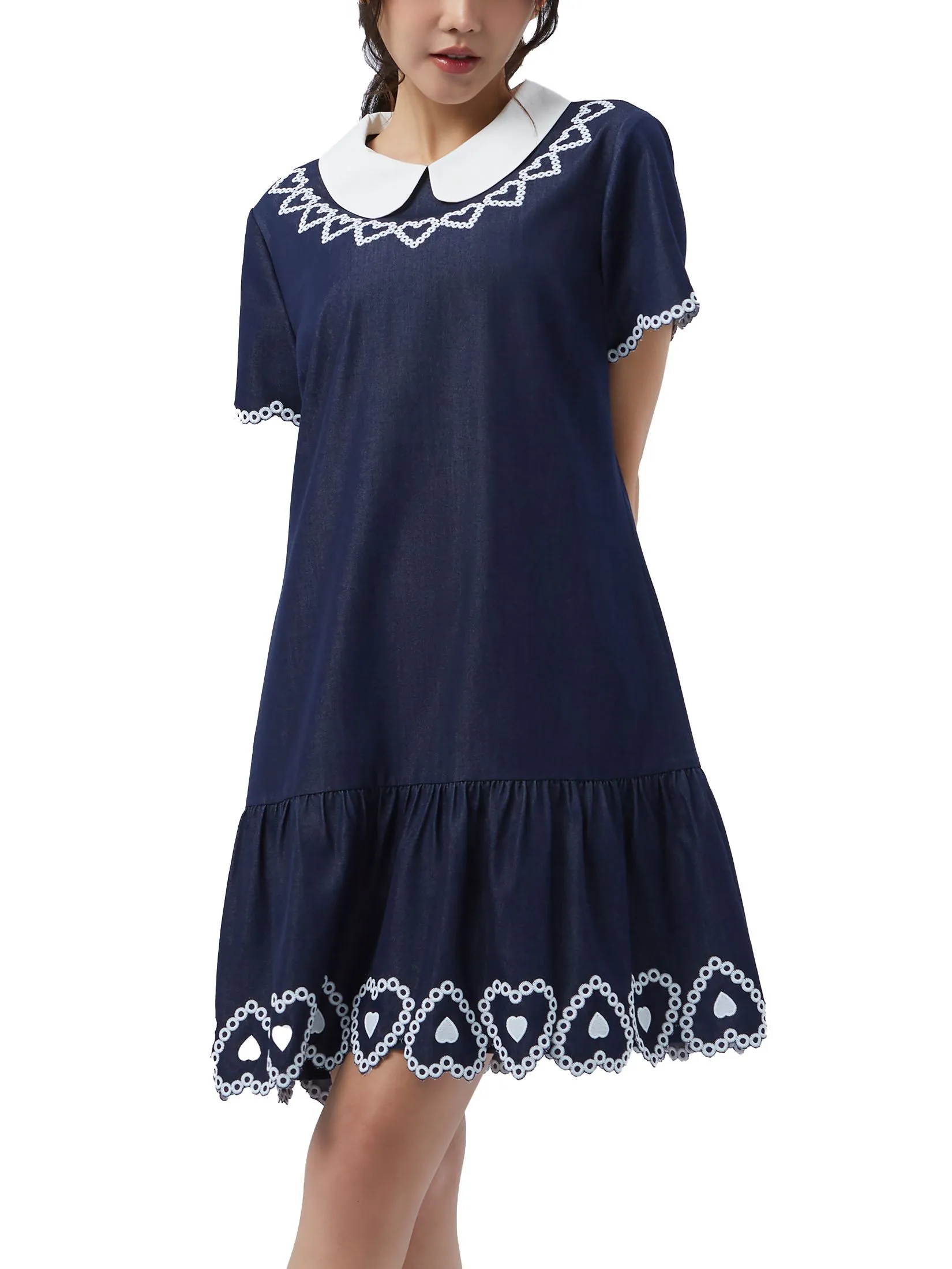 EP Heart Embroidery Short Dress Woman Dark Blue