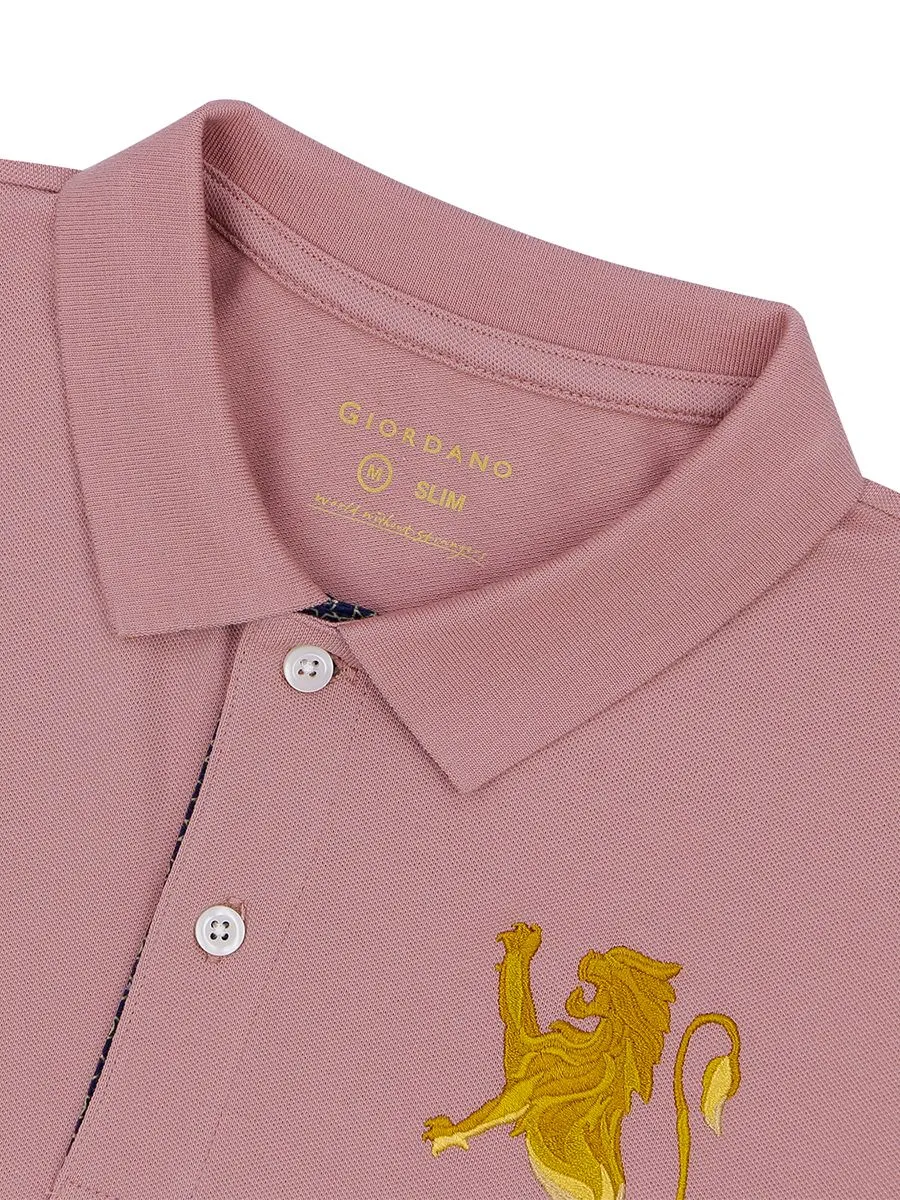 GIORDANO Men's Slim Fit 3D Lion Embroidery Polo Ash Rose Pink