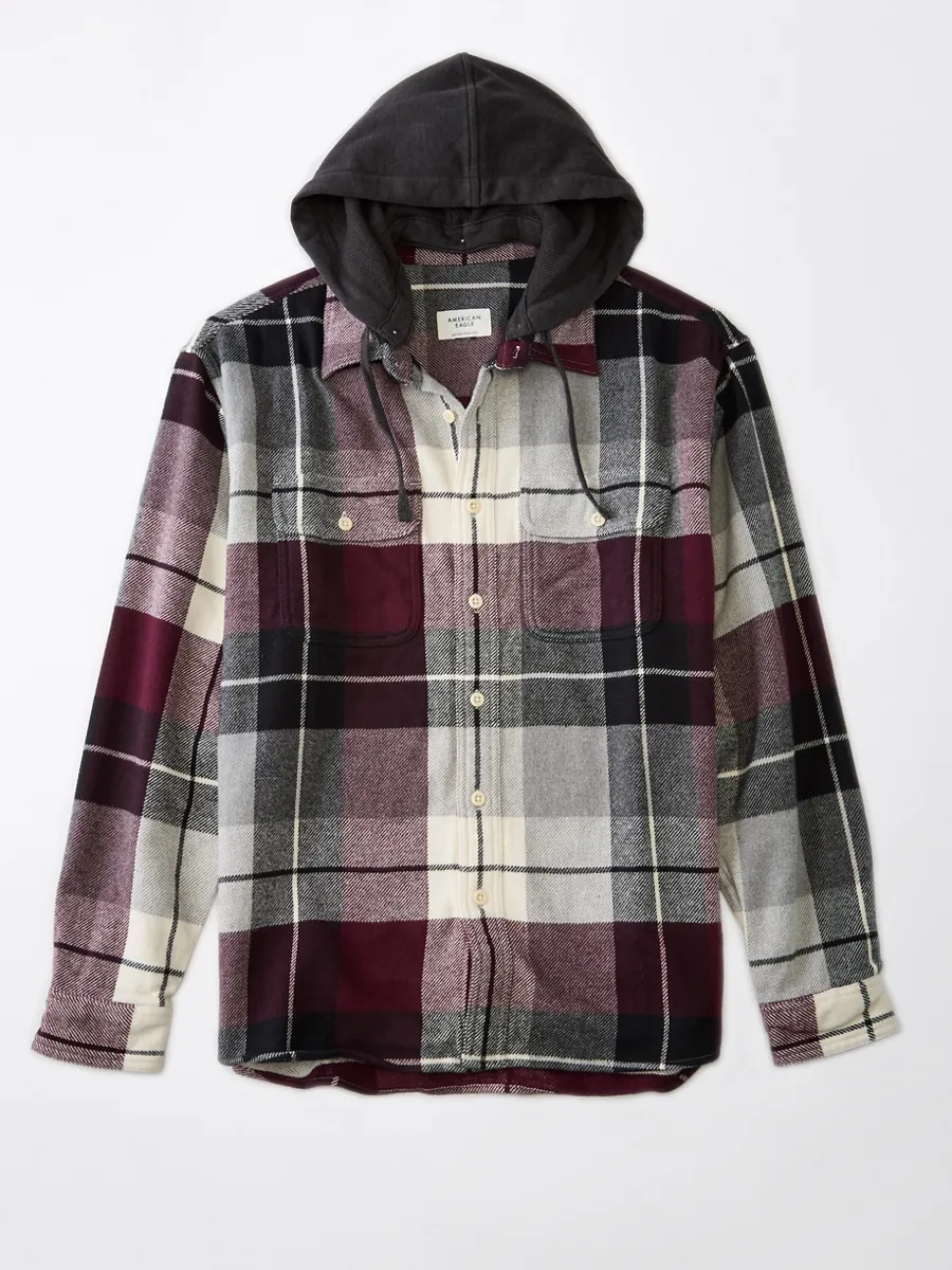 AMERICAN EAGLE MEN JEFFREY PLAID HOODED 3X1 FLANNEL 647 MAROON