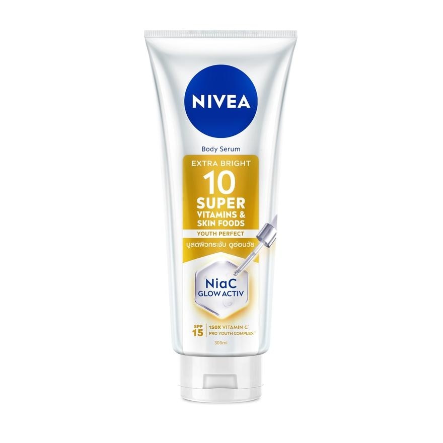Nivea Body Serum Extra Bright 10 Super Vitamins  Skin Foods Youth Perfect 300 Ml. - Gold