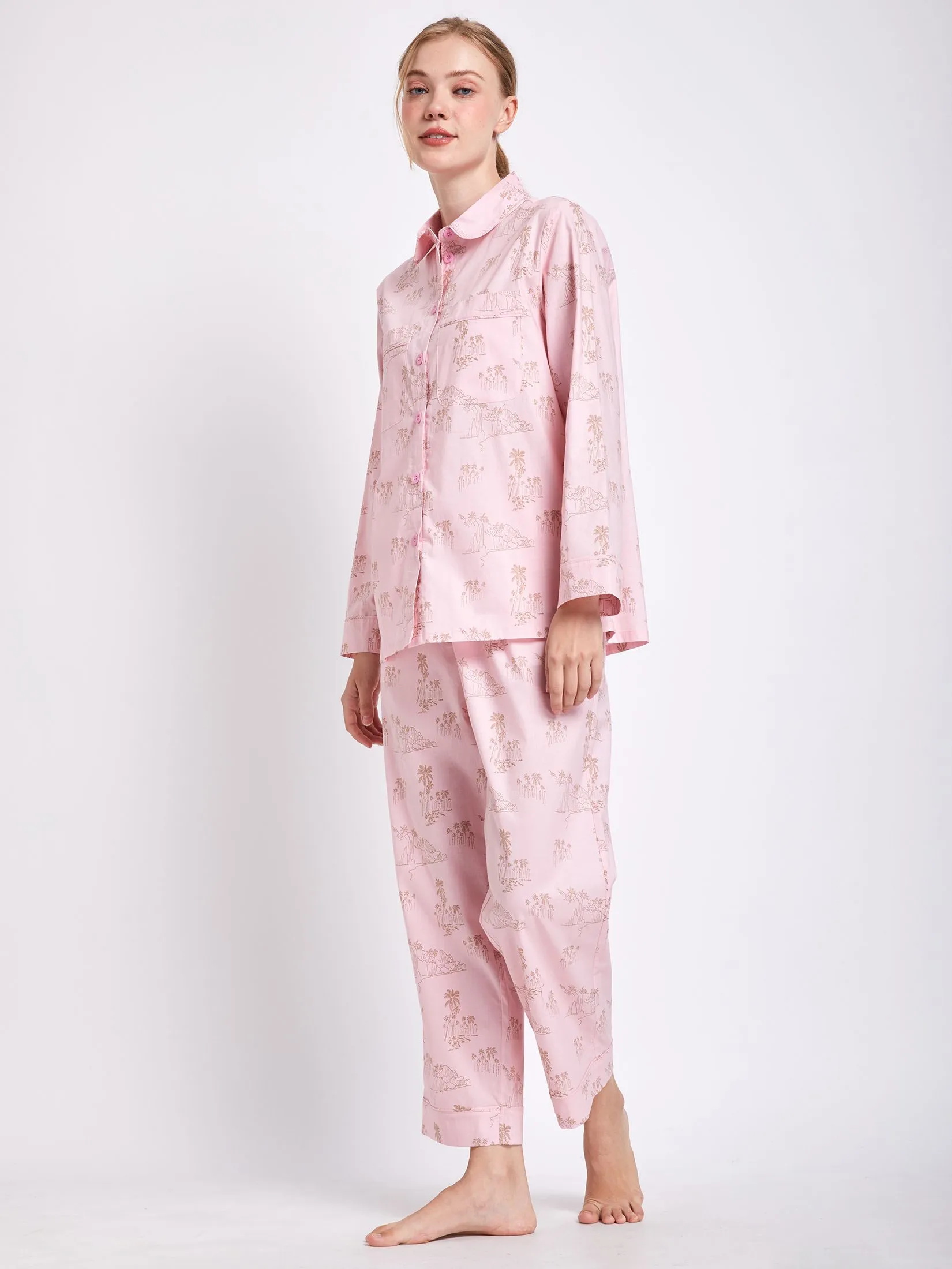 CLAUDIA'S ROMANCE Women Pyjamas Shirt Long Sleeves Collar Neck + Pants Pink