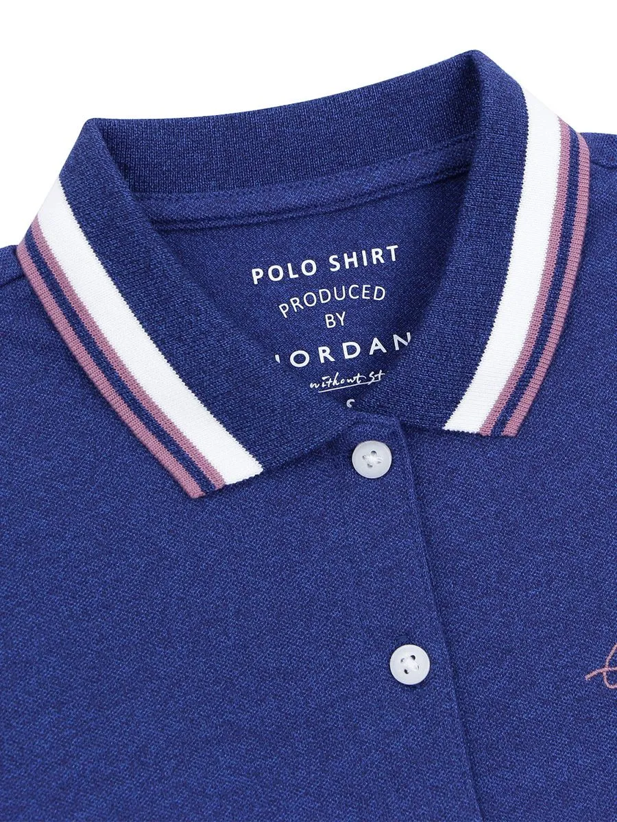 GIORDANO Women's Signature Pique Embroidery Solid Polo Melange Key Largo Blue