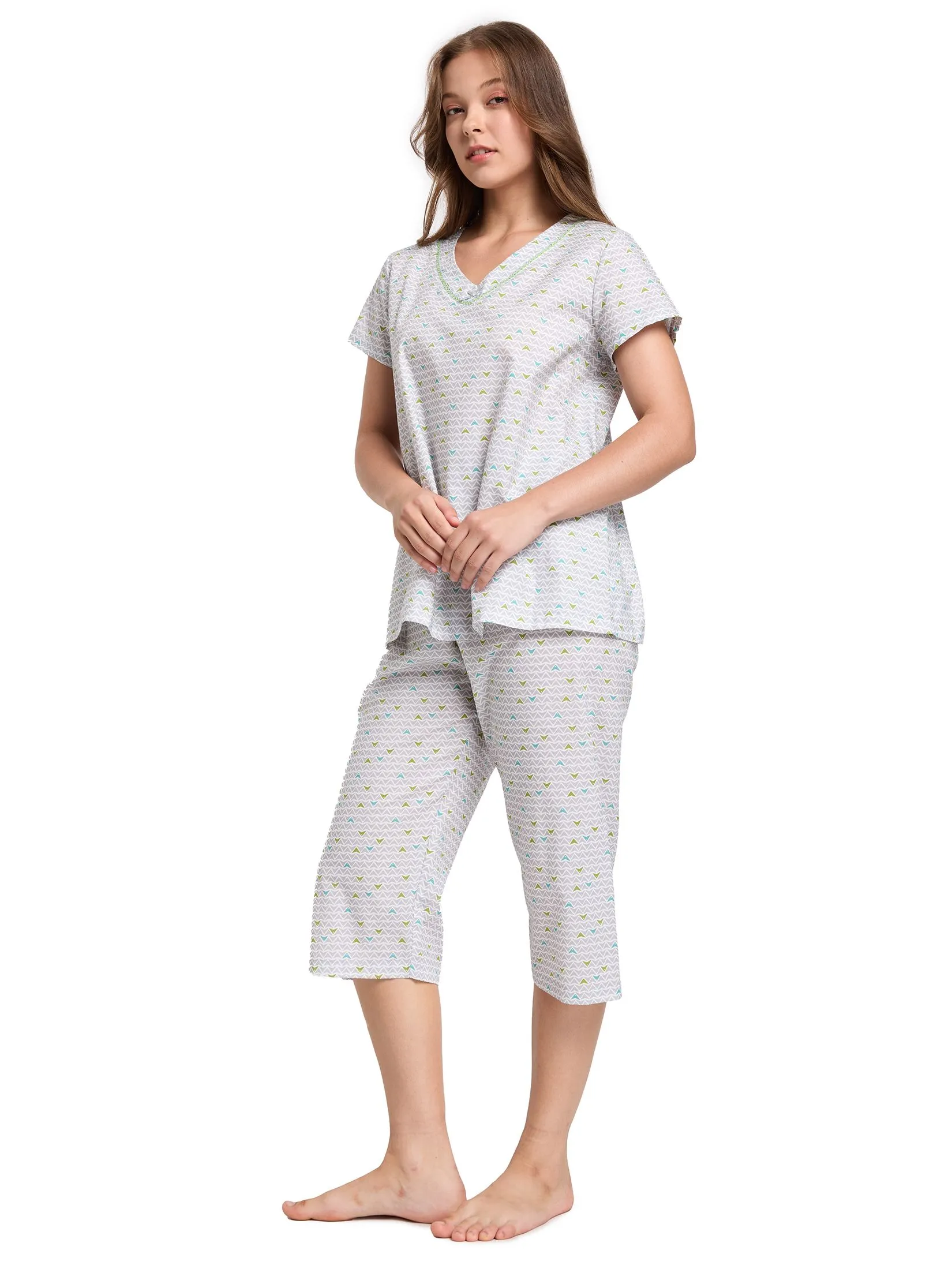 CLAUDIA'S ROMANCE Women Pyjamas Shirt Short Sleeves V-Neck + 3/4 Pants Print Grey