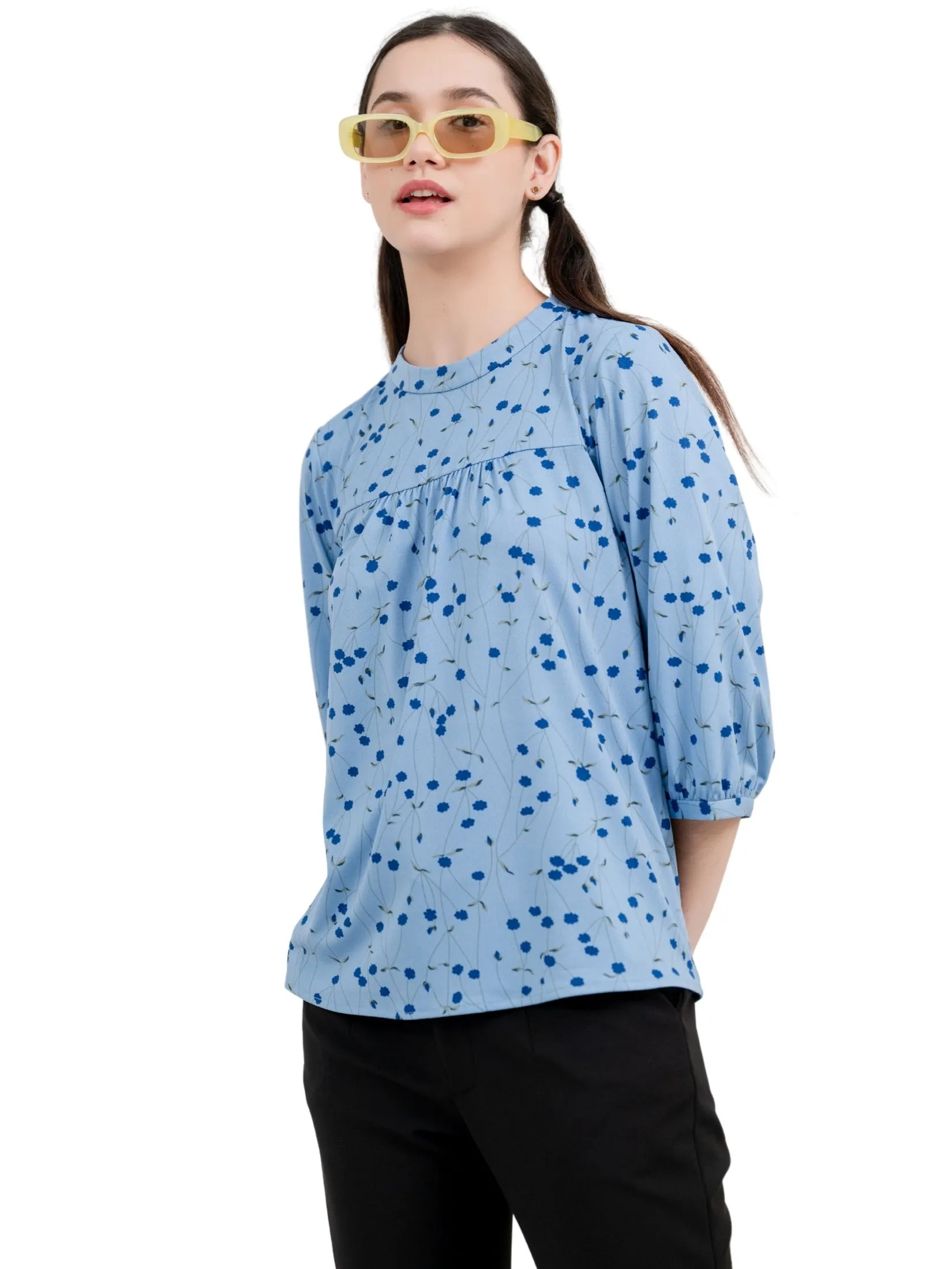 AMILA Women Blouse Long Sleeves Spun Print Blue