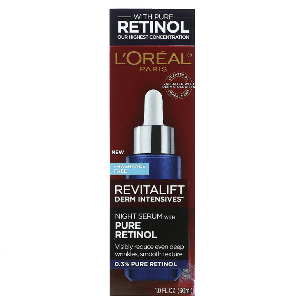 L'Oréal, Revitalift Derm Intensives, ночная сыворотка с чистым ретинолом, без отдушек, 30 мл (1 жидк. Унция)