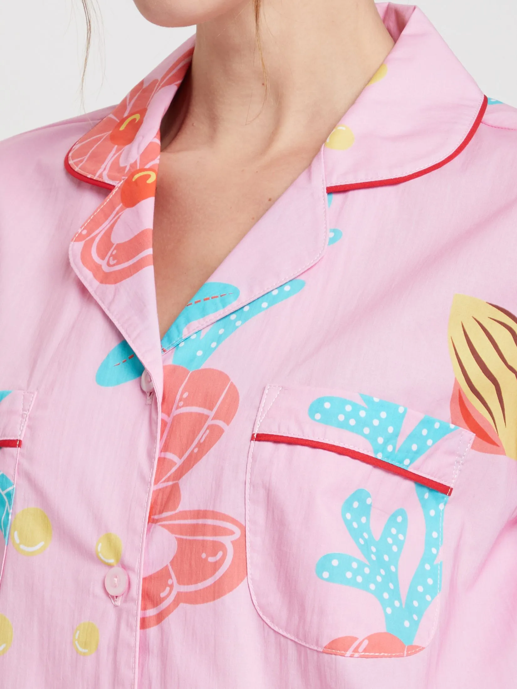 FOF Women Pyjamas Shirt Short Sleeves Crew Neck + Shorts Sea Print Pink