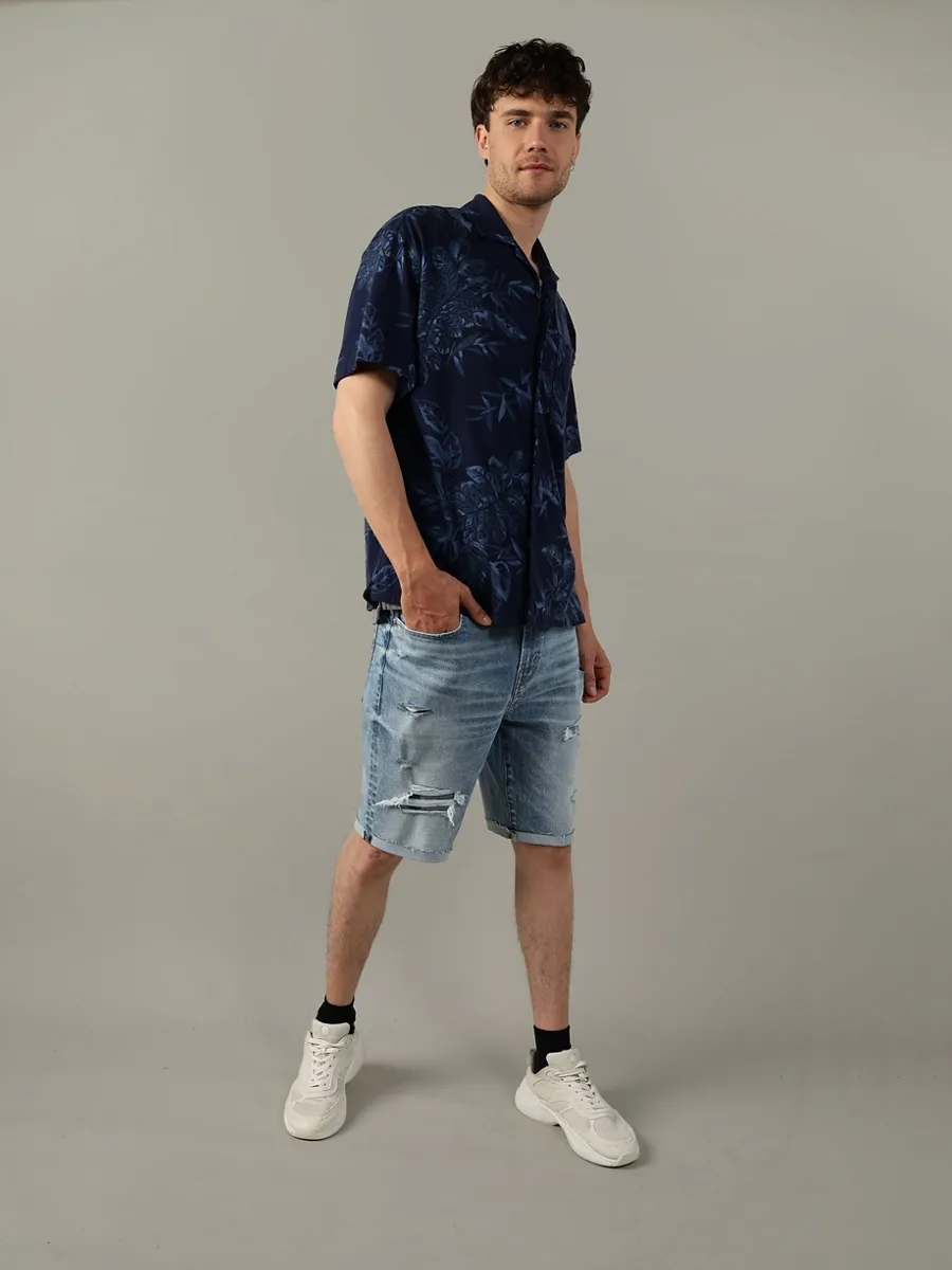 AMERICAN EAGLE MEN K - INTL SS PRINTED CAMP SHIRT 427 SUPER INDIGO