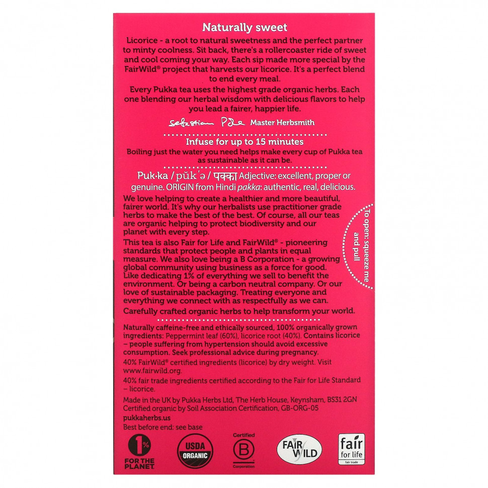 Pukka Herbs, Травяной чай из перечной мяты и лакрицы, без кафеина, 20 чайных пакетиков, 30 г