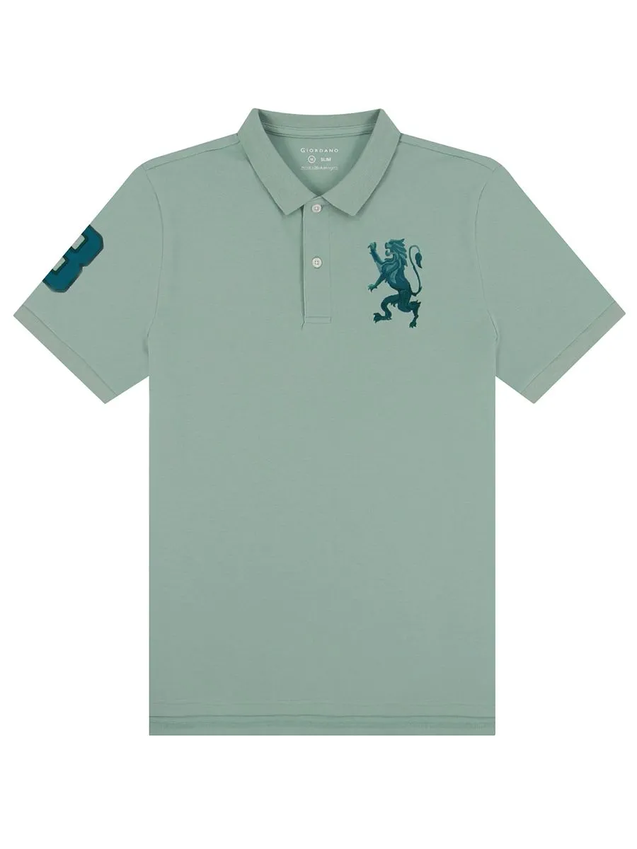 GIORDANO Men's Lycra Pique Embroidery Polo (3D Lion)  Green Surf