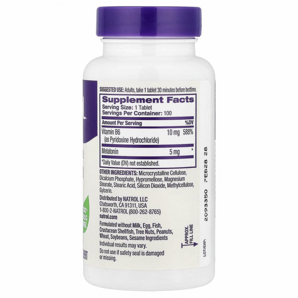 Natrol, Мелатонин, медленное высвобождение, с повышенной силой действия, 5 мг, 100 таблеток