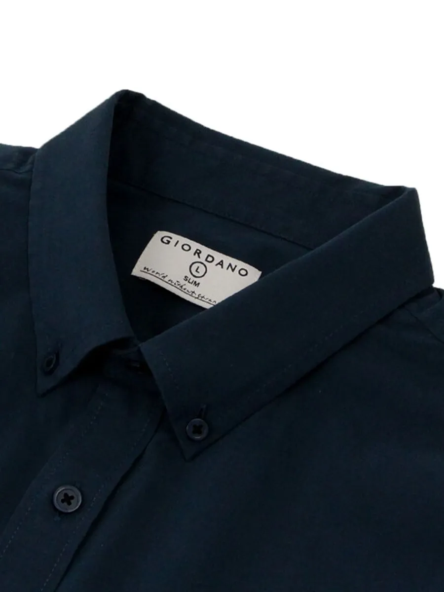 GIORDANO Men's Slim Fit Long Sleeve Stretch Shirt (Poplin)  Blackish Green