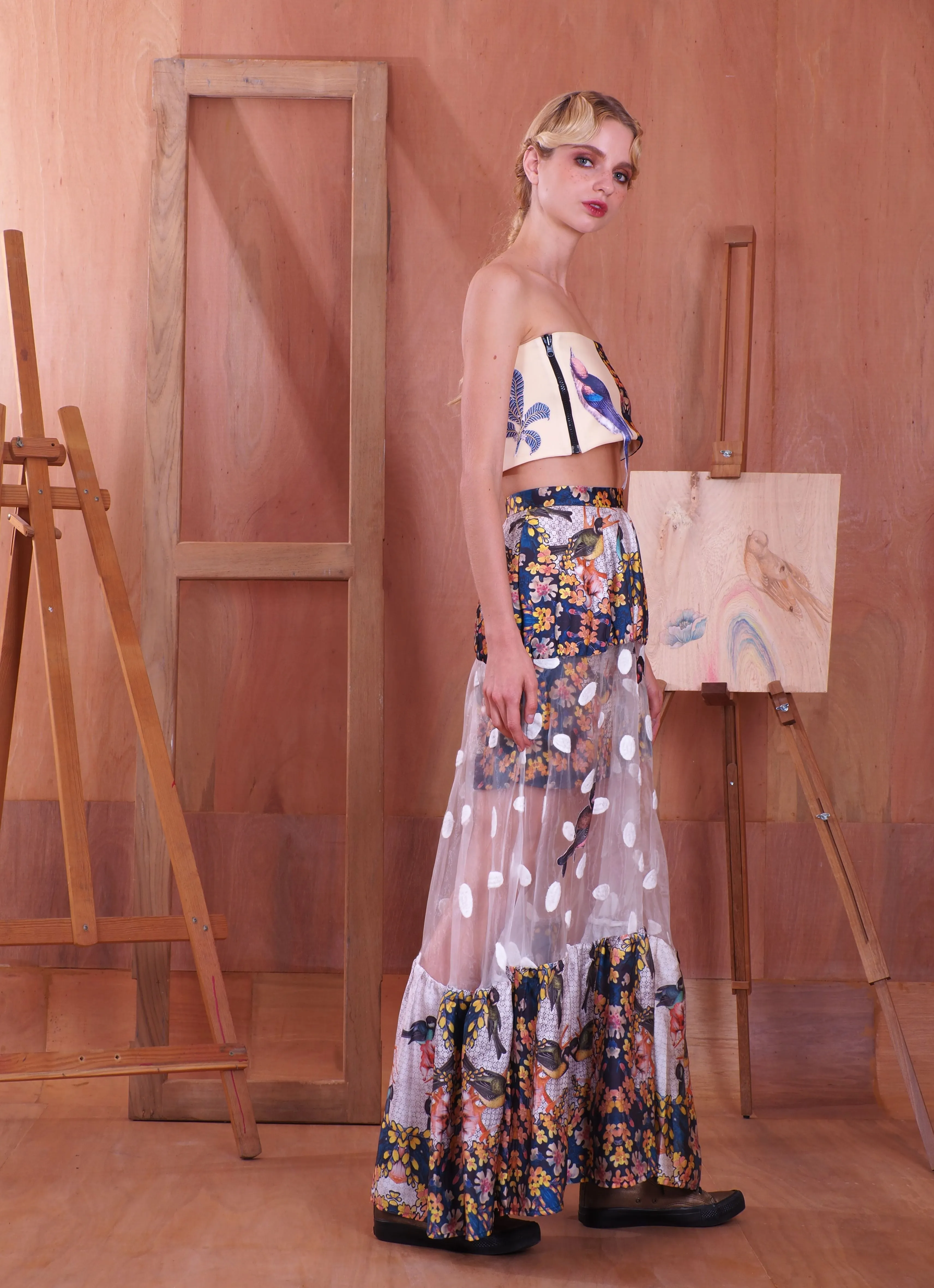 PEDZ Floral Pedz Aesthetic Bird with Zinnia Maxi Skirt