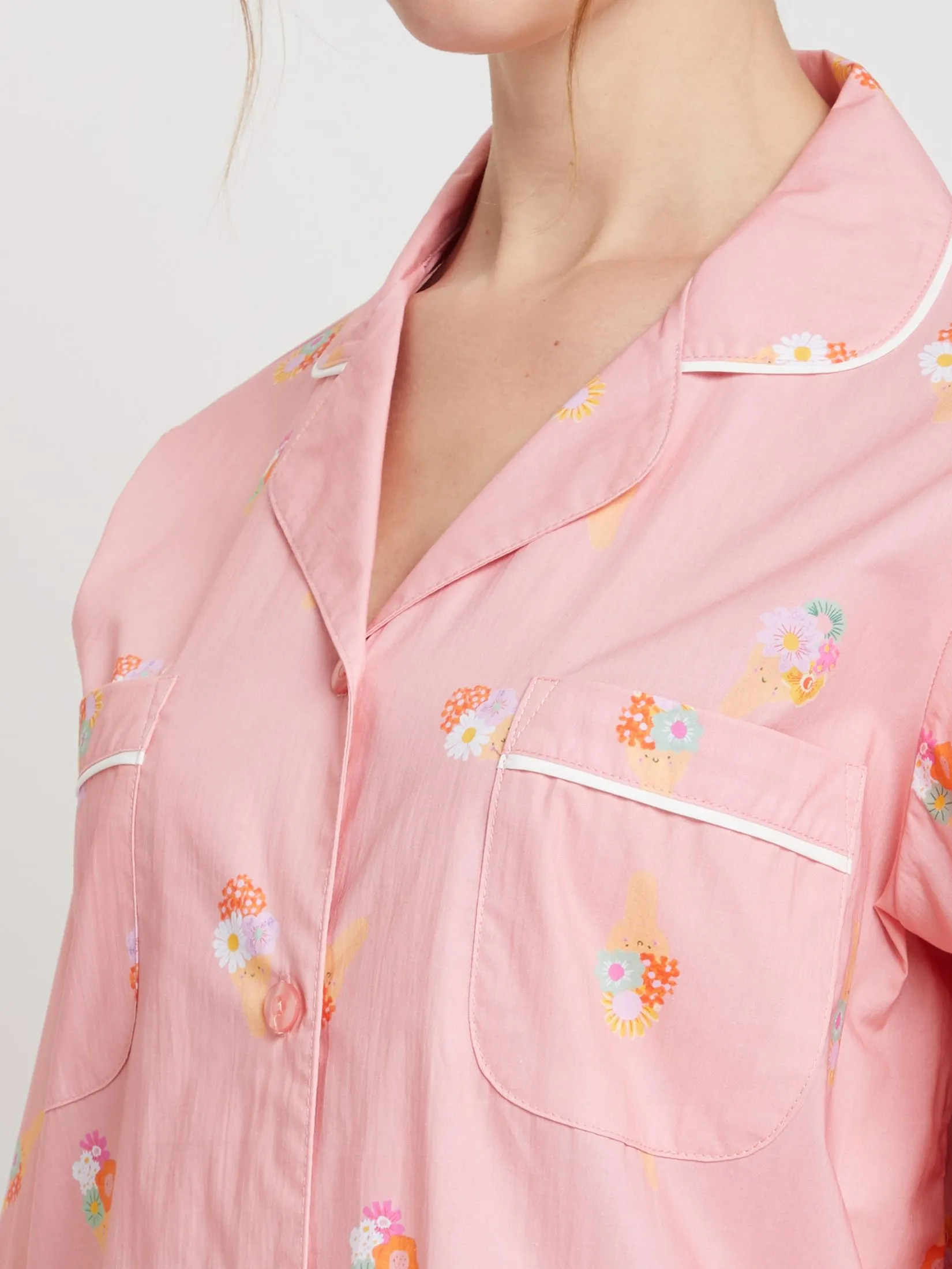 FOF Women Pyjamas Shirt Long Sleeves Collar Neck + Pants Ice Cream Print Pink