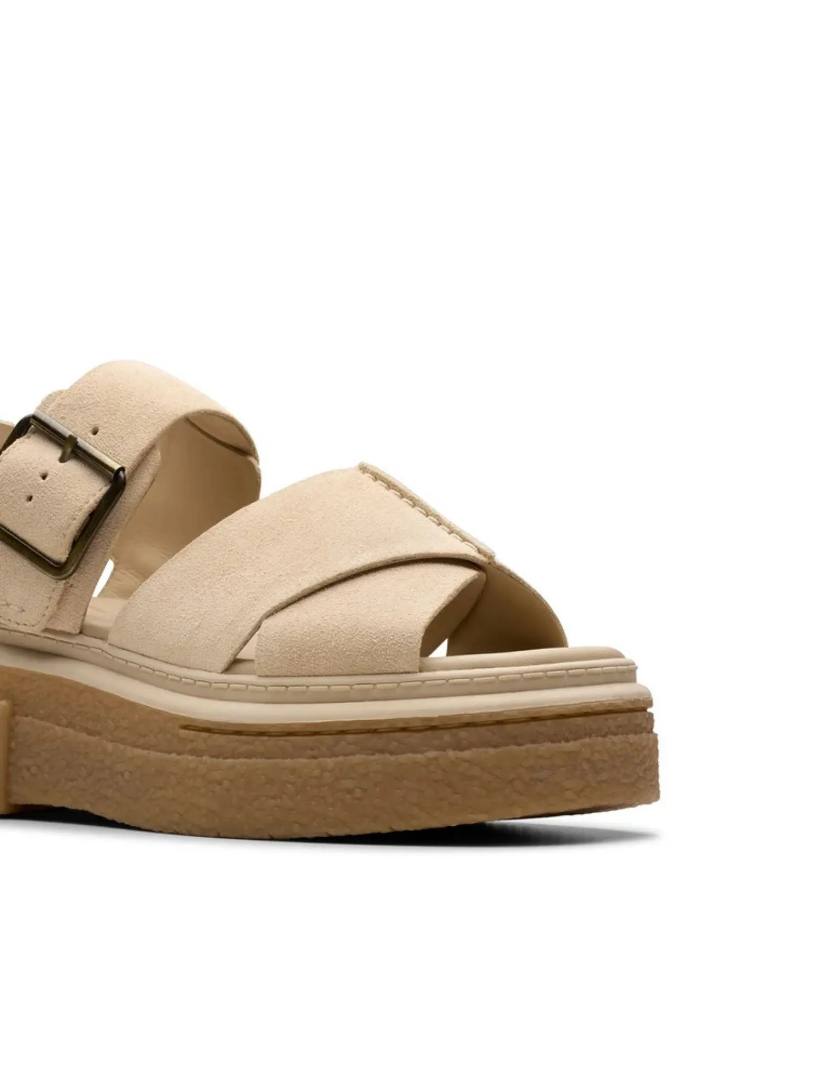 CLARKS Evamar Wish Ecru Suede Women’s Ankle-Strap Sandals