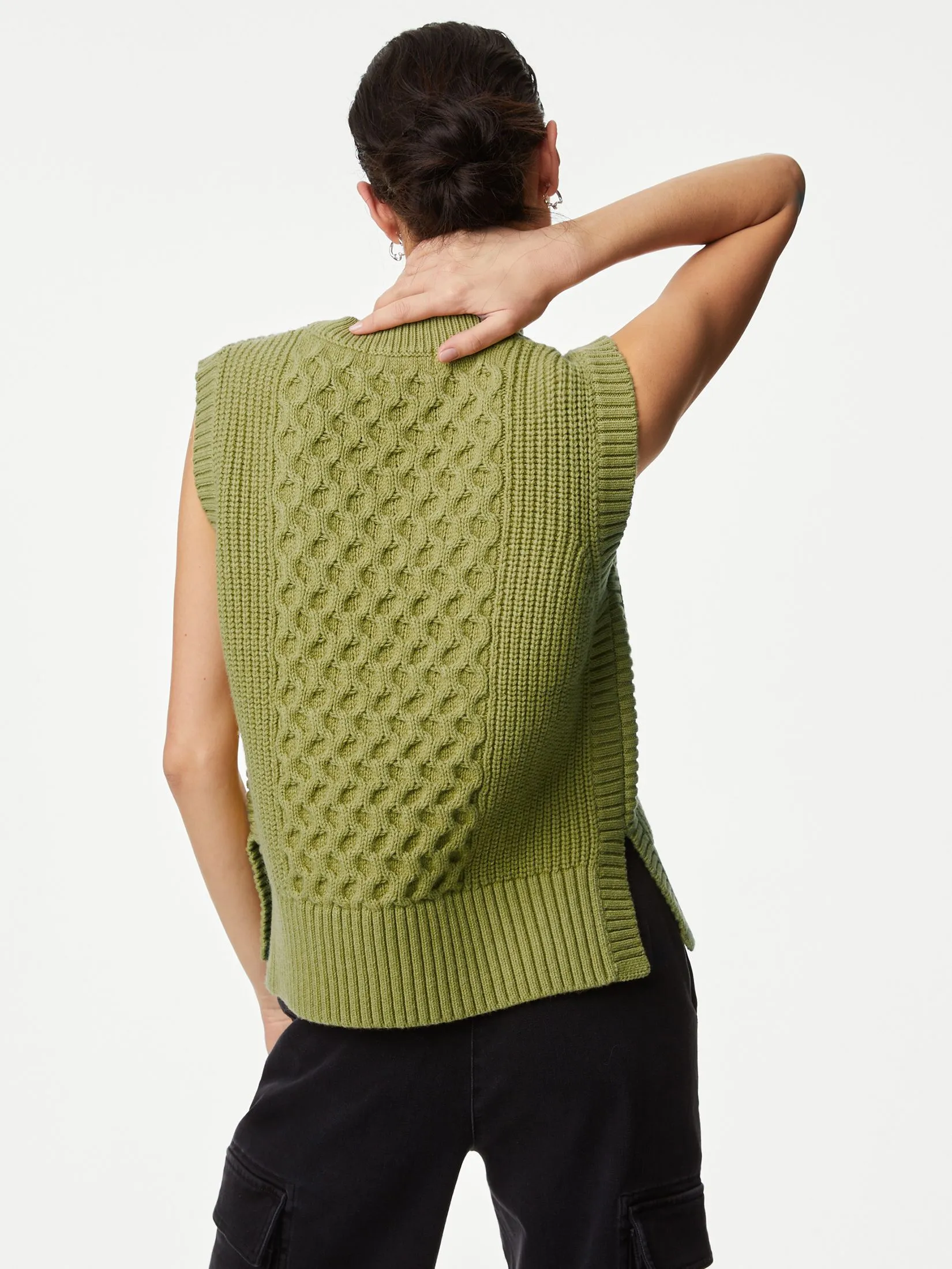 MARKS & SPENCER Women Vest Wool Rich Cable Knit Round Neck Knitted Willow